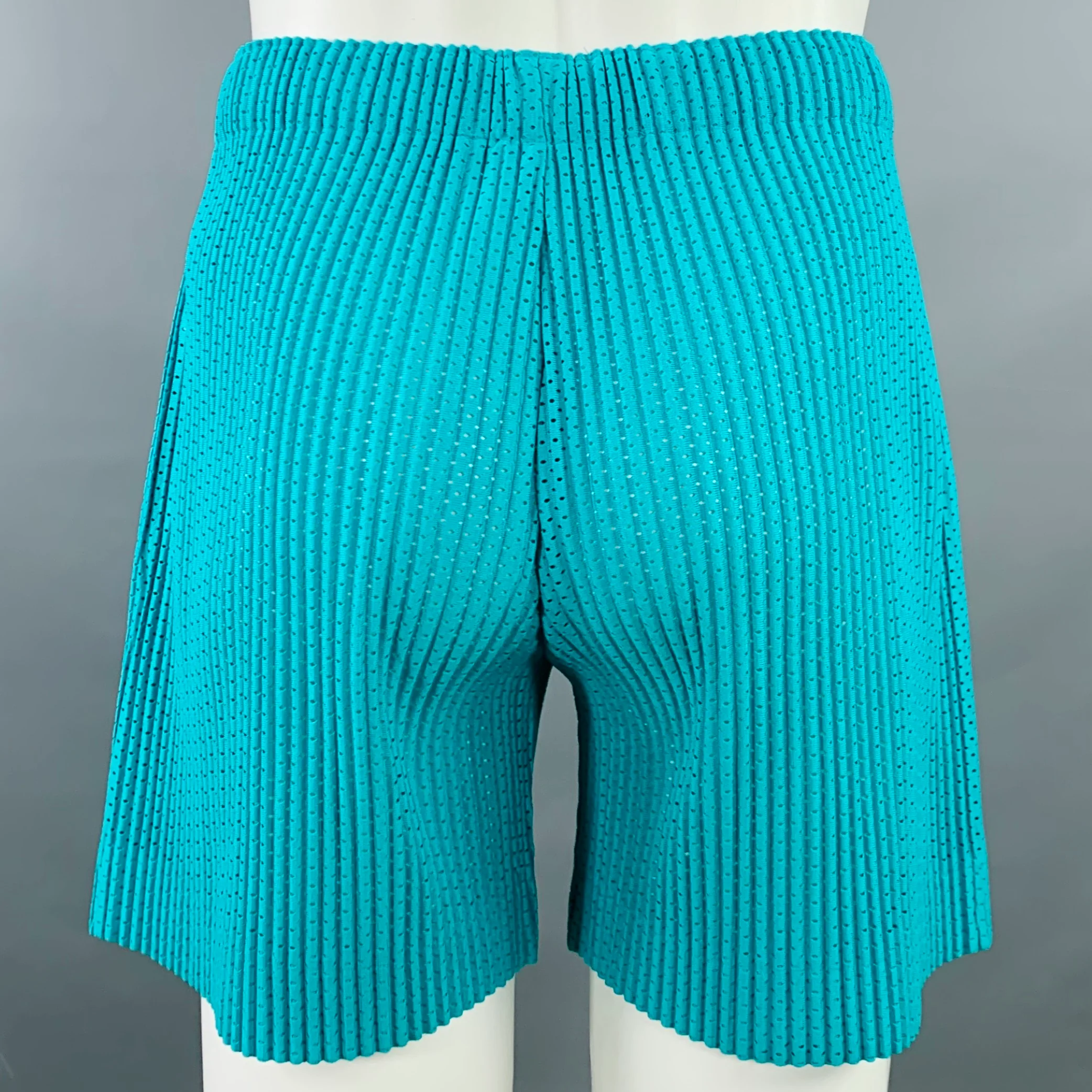 ISSEY MIYAKE HOMME PLISSE Size S Aqua Pleated Polyester Mesh Drawstring Waistband Button Fly Shorts - Image 3