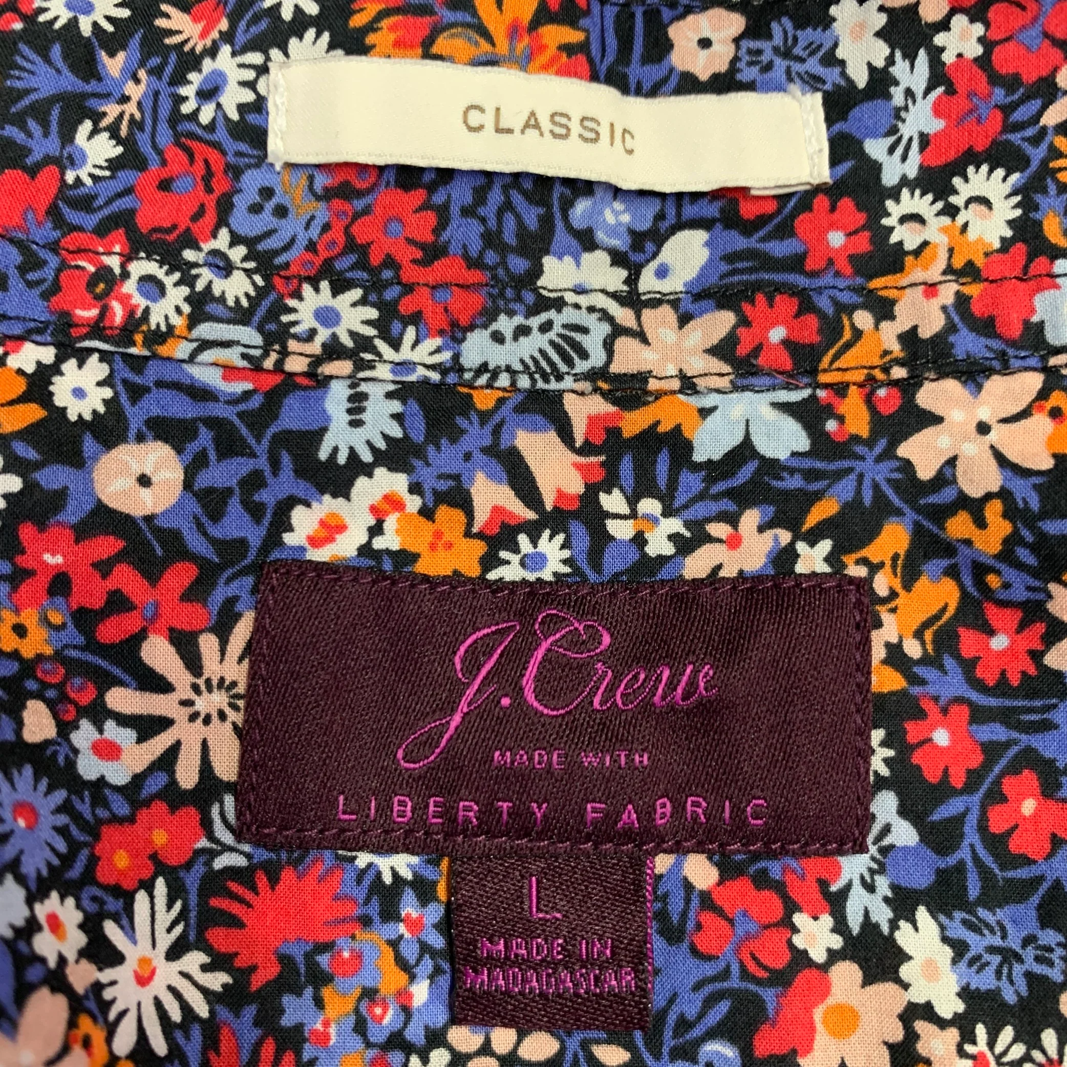 J.CREW Size L Blue Orange Floral Cotton One Pocket Short Sleeve Shirt - Image 5