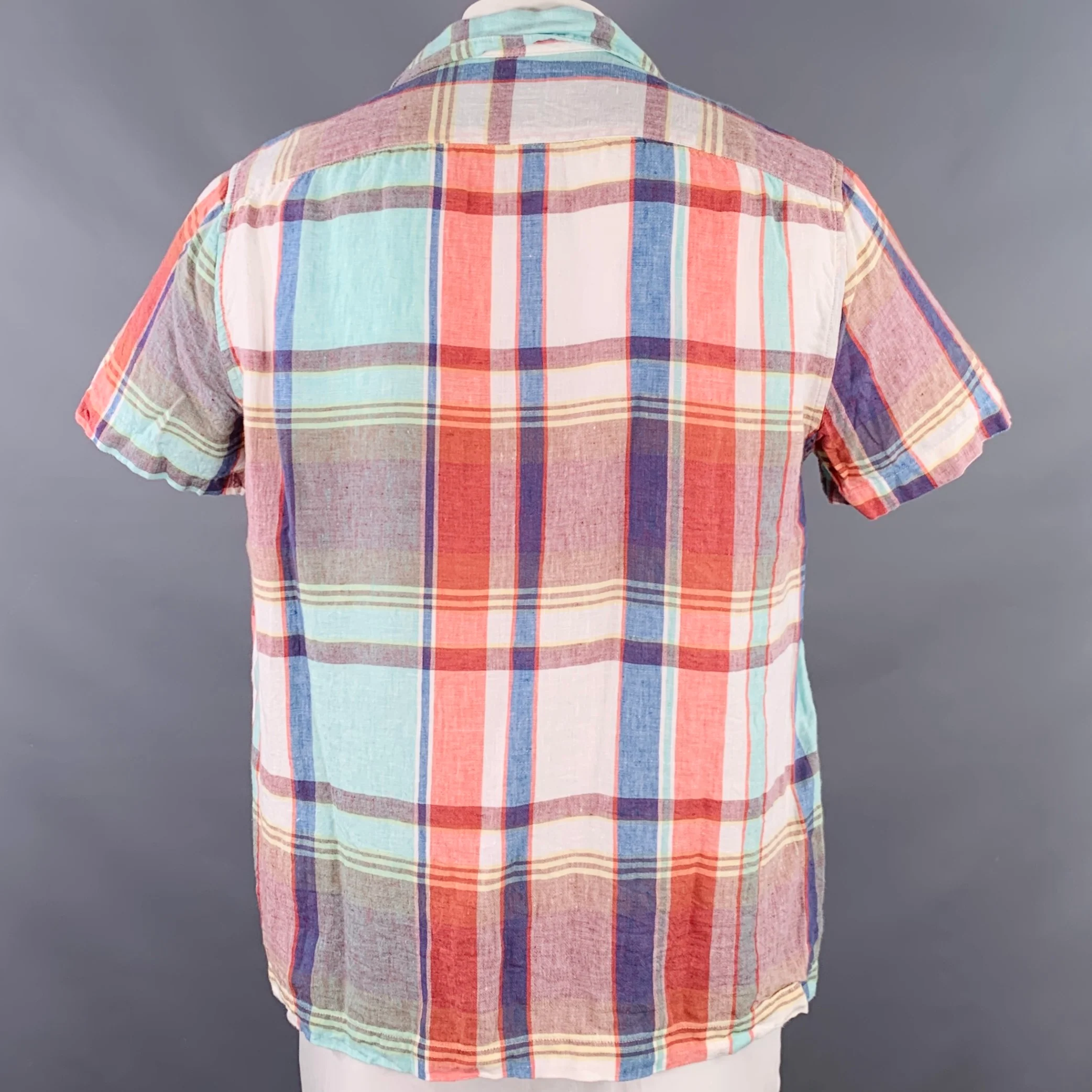J.CREW Size L Multi-Color Madras Linen One Pocket Short Sleeve Shirt - Image 3
