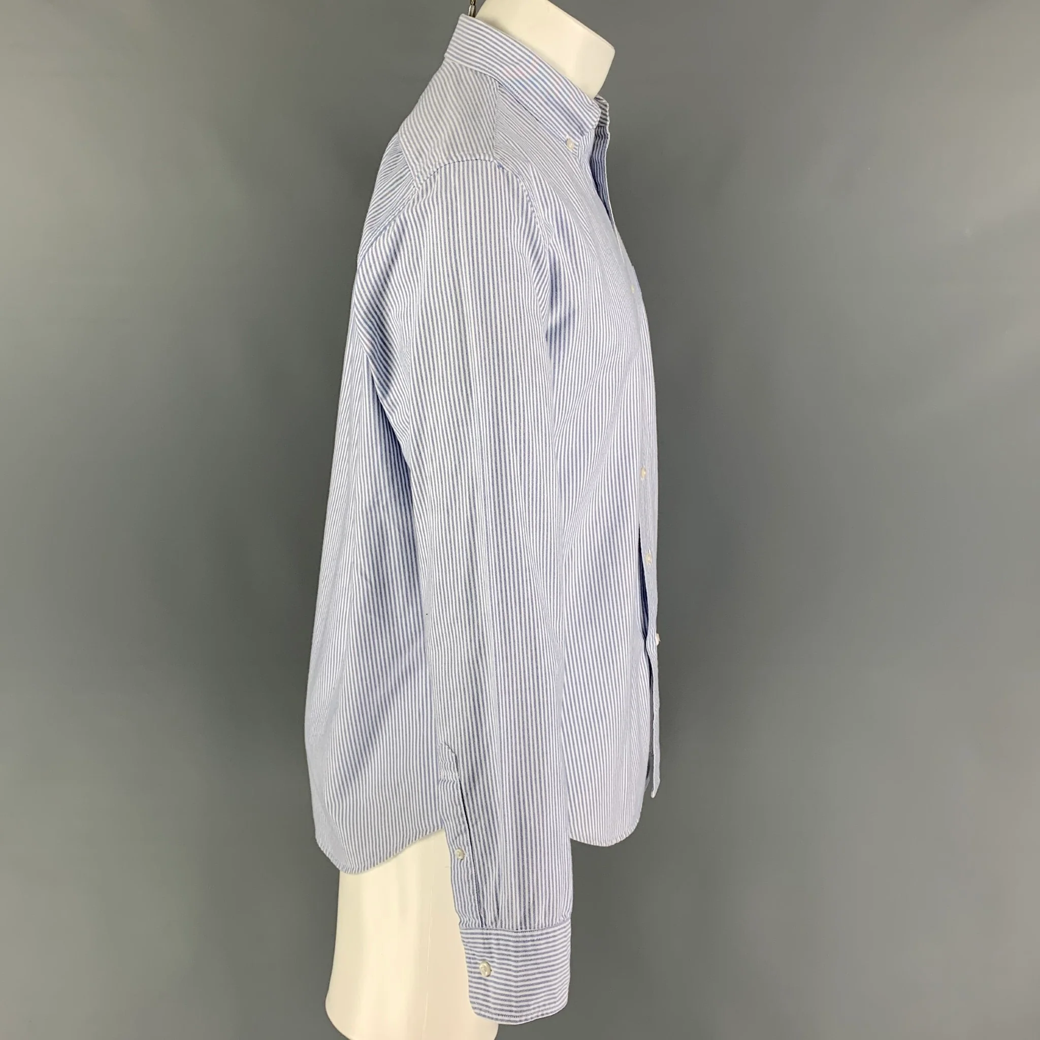 J.CREW Size M Blue White Stripe Cotton Oxford Long Sleeve Shirt - Image 2