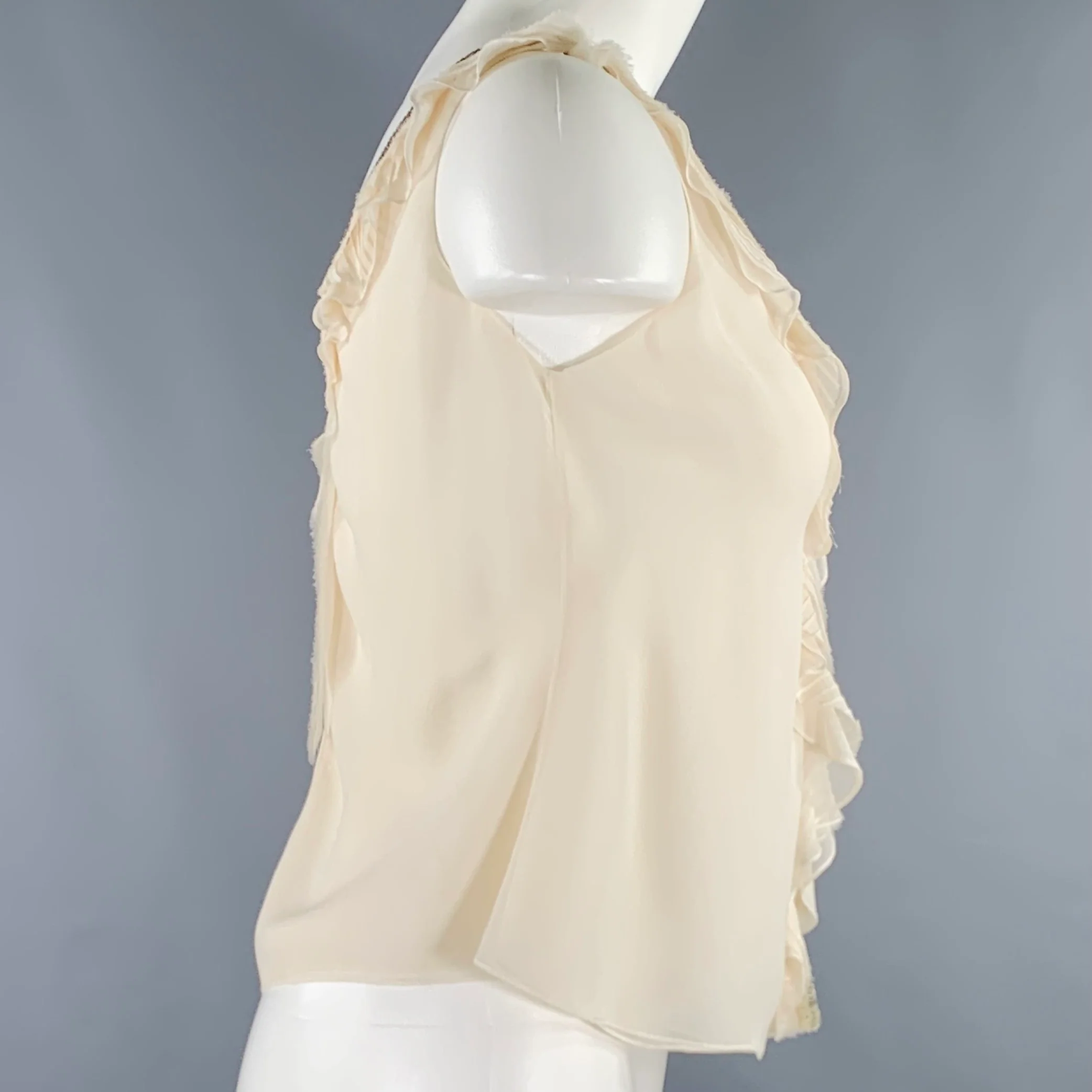 J.MENDEL Size 6 Cream Silk Ruffled Sleeveless Dress Top - Image 3