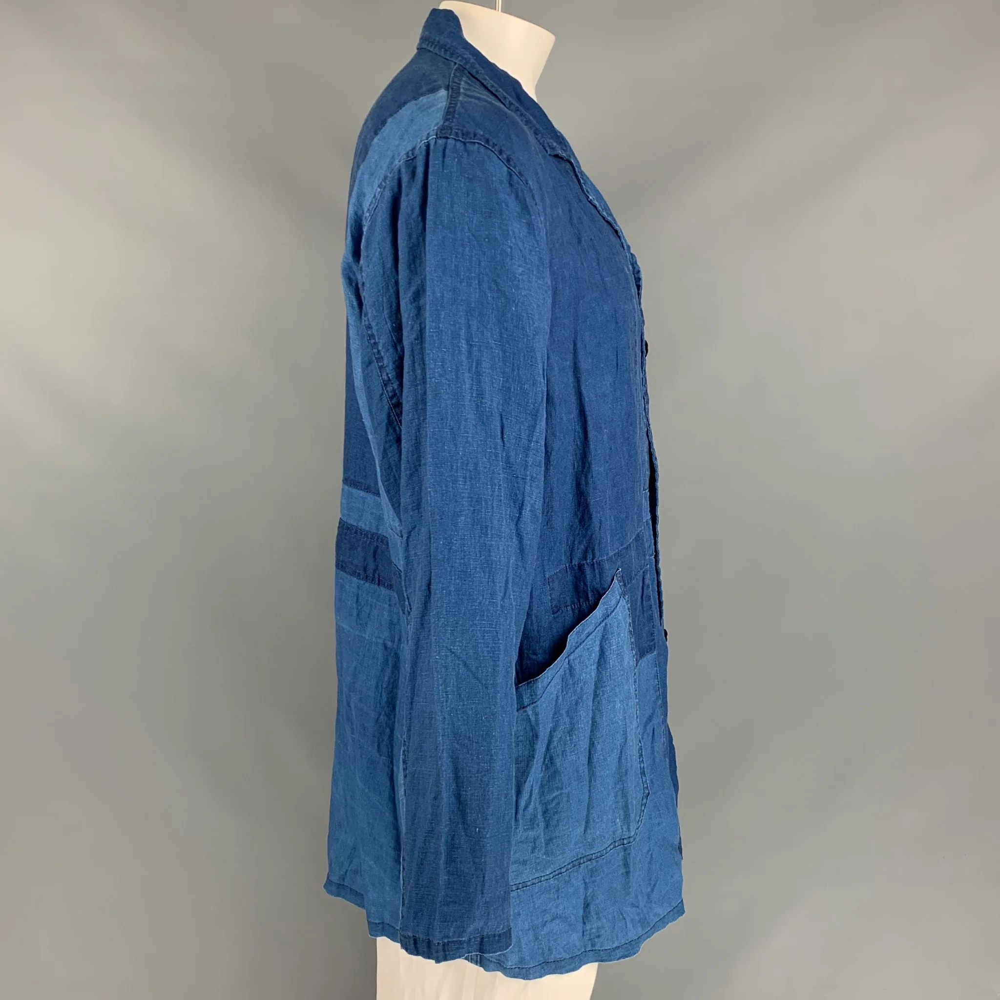 J.S. HOMESTEAD Size L Indigo Patchwork Linen Notch Lapel Coat - Image 3