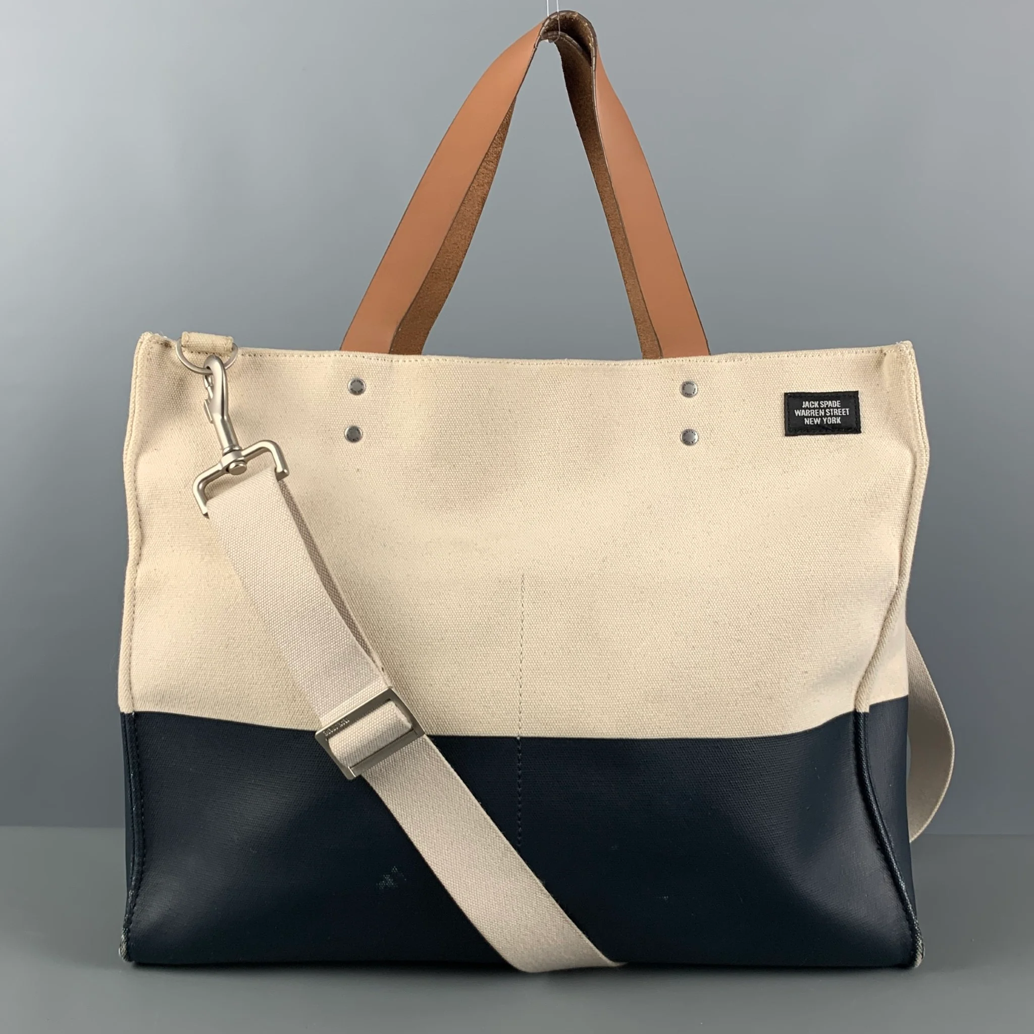 JACK SPADE Cream Navy Color Block Canvas Coated Tote Bags