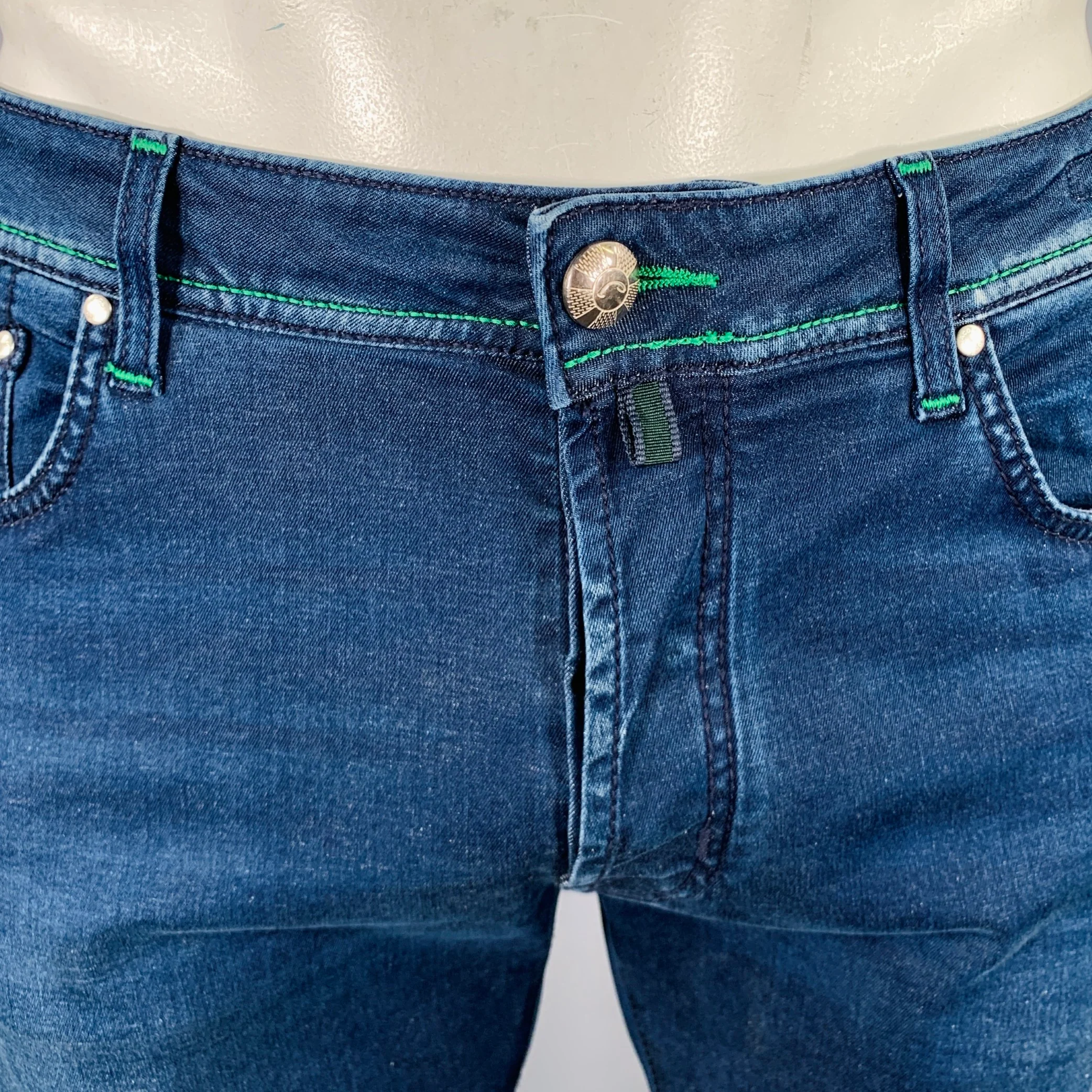 JACOB COHEN Size 34 Blue Green Contrast Stitch Cotton Blend Button Fly Jeans - Image 2