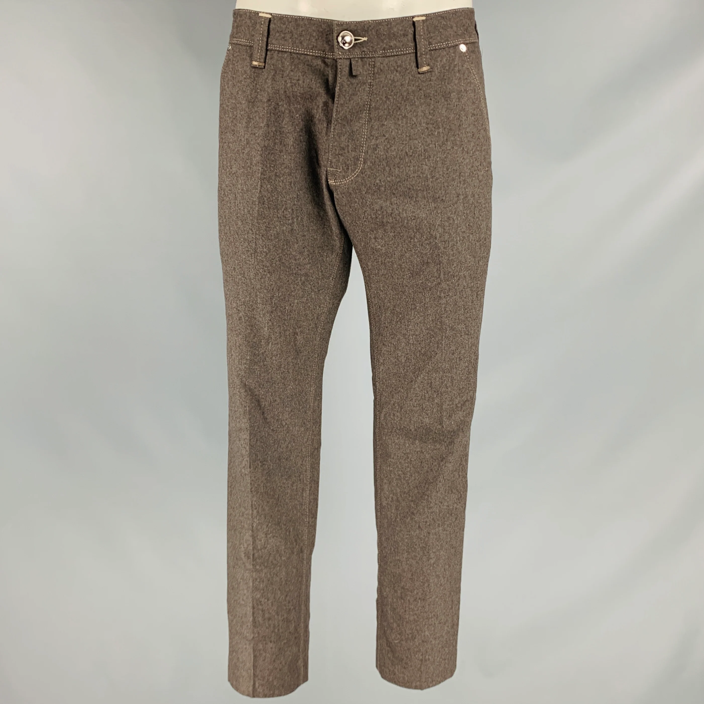JACOB COHEN Size 36 Brown Heather Contrast Stitch Wool Flannel Casual Pants