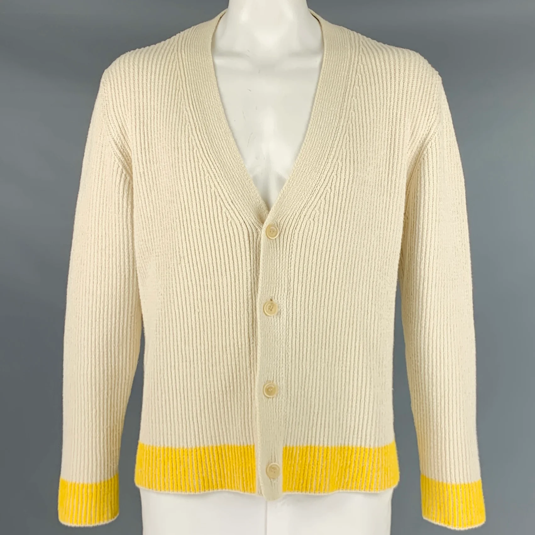 JACQUEMUS Size XL Cream Yellow Ribbed Cotton Blend Oversized Cardigan