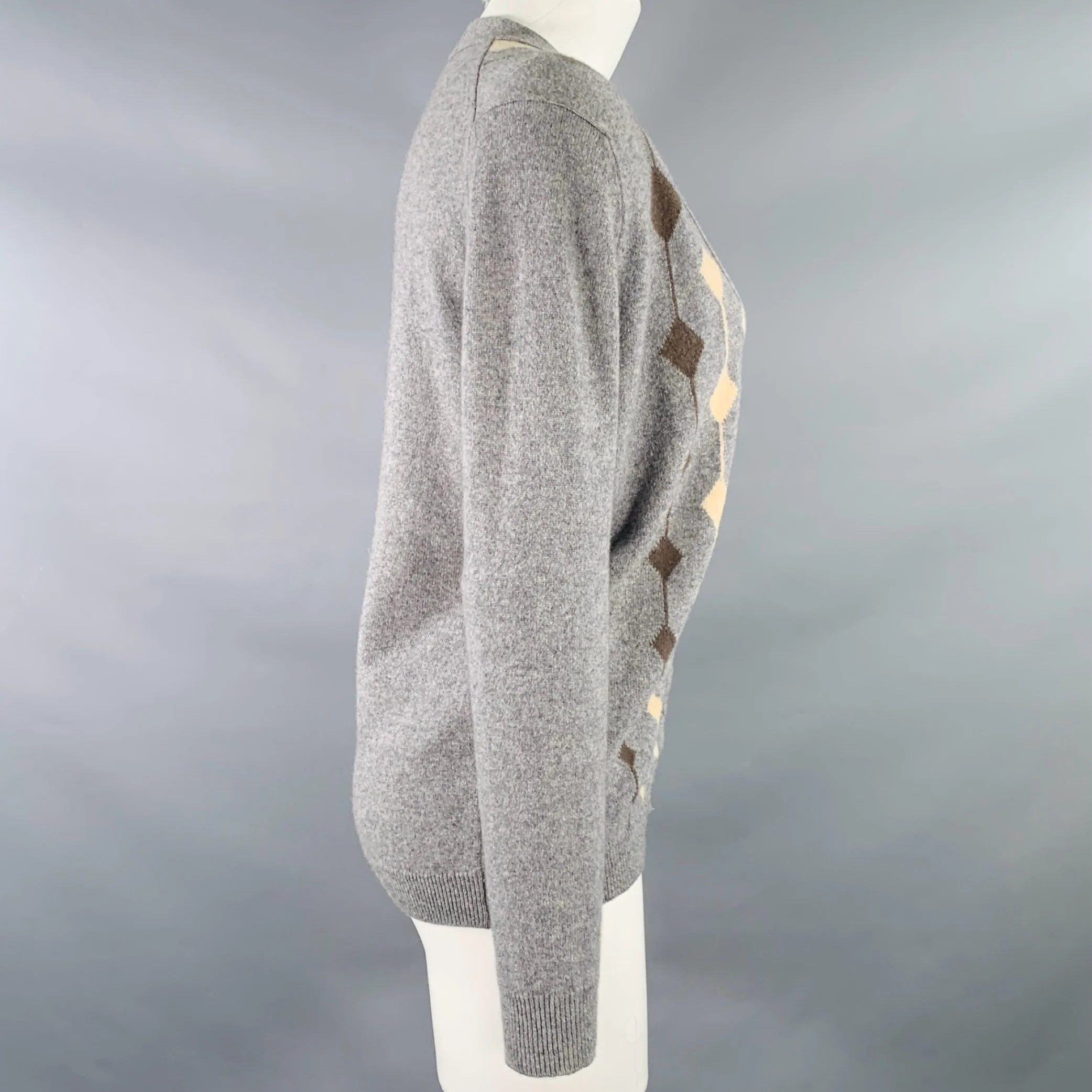 JAEGER Size M Grey Cream Cashmere Diamond V-Neck Cardigan - Image 2