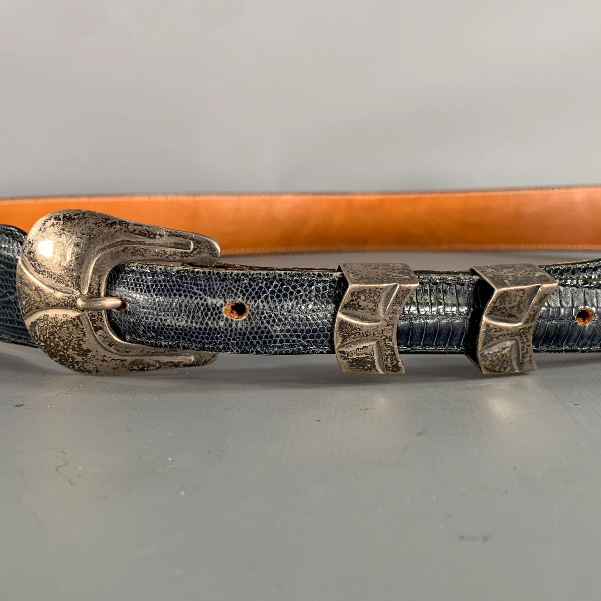 JAMES REID Size 36 Blue Navy Nubuck Lizard Belt - Image 2