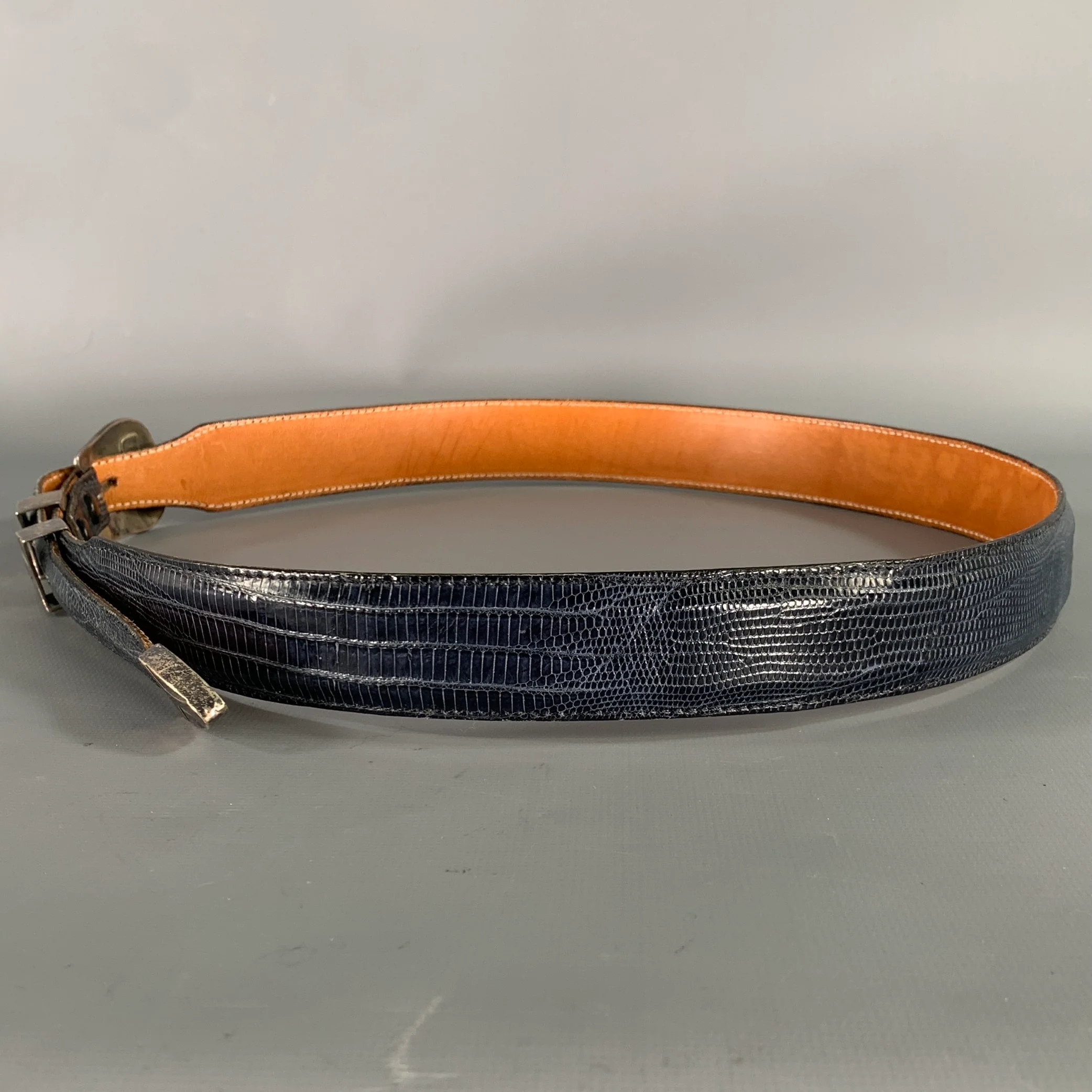 JAMES REID Size 36 Blue Navy Nubuck Lizard Belt - Image 5