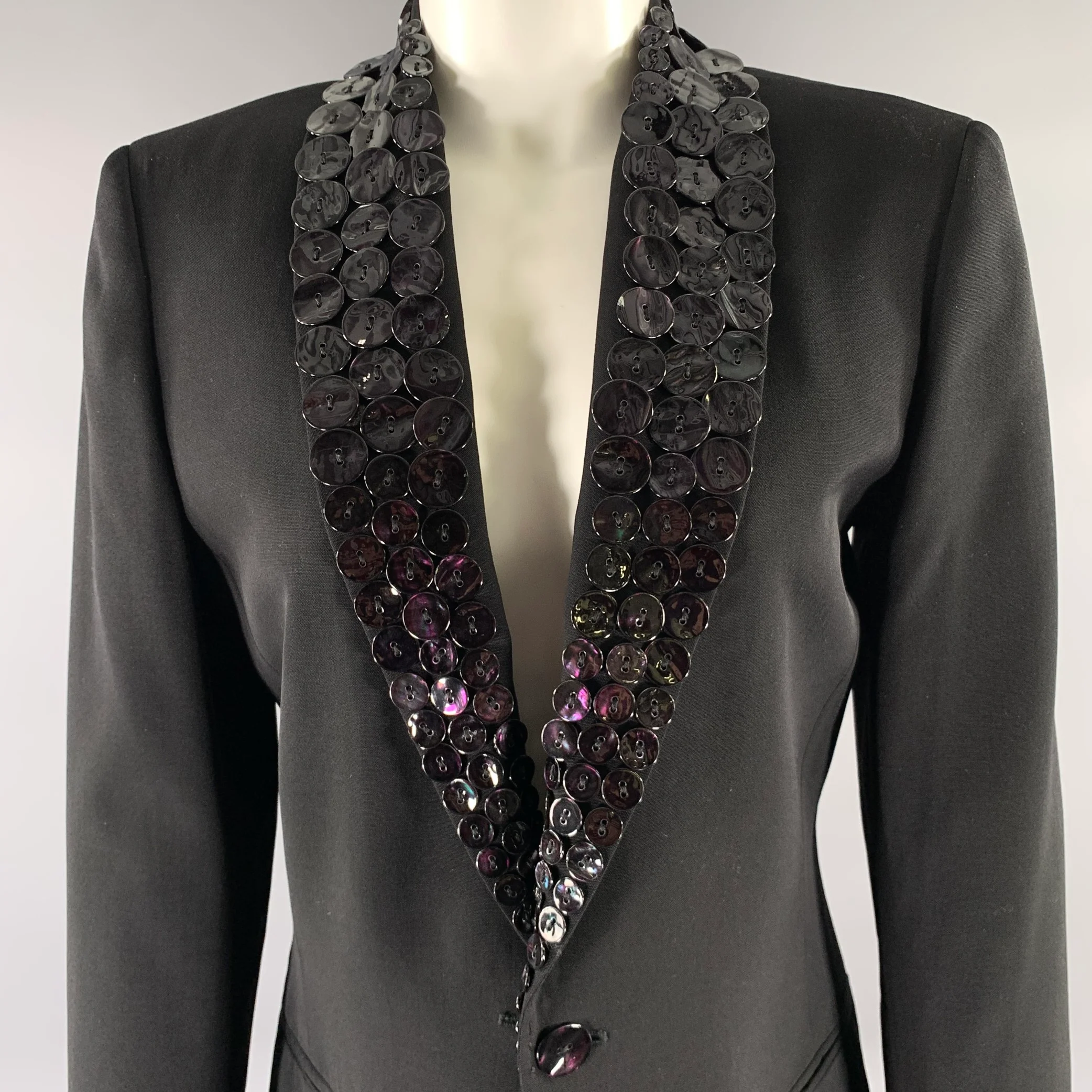 JEAN PAUL GAULTIER Size M Black Virgin Wool Button Shawl Lapel Blazer - Image 2