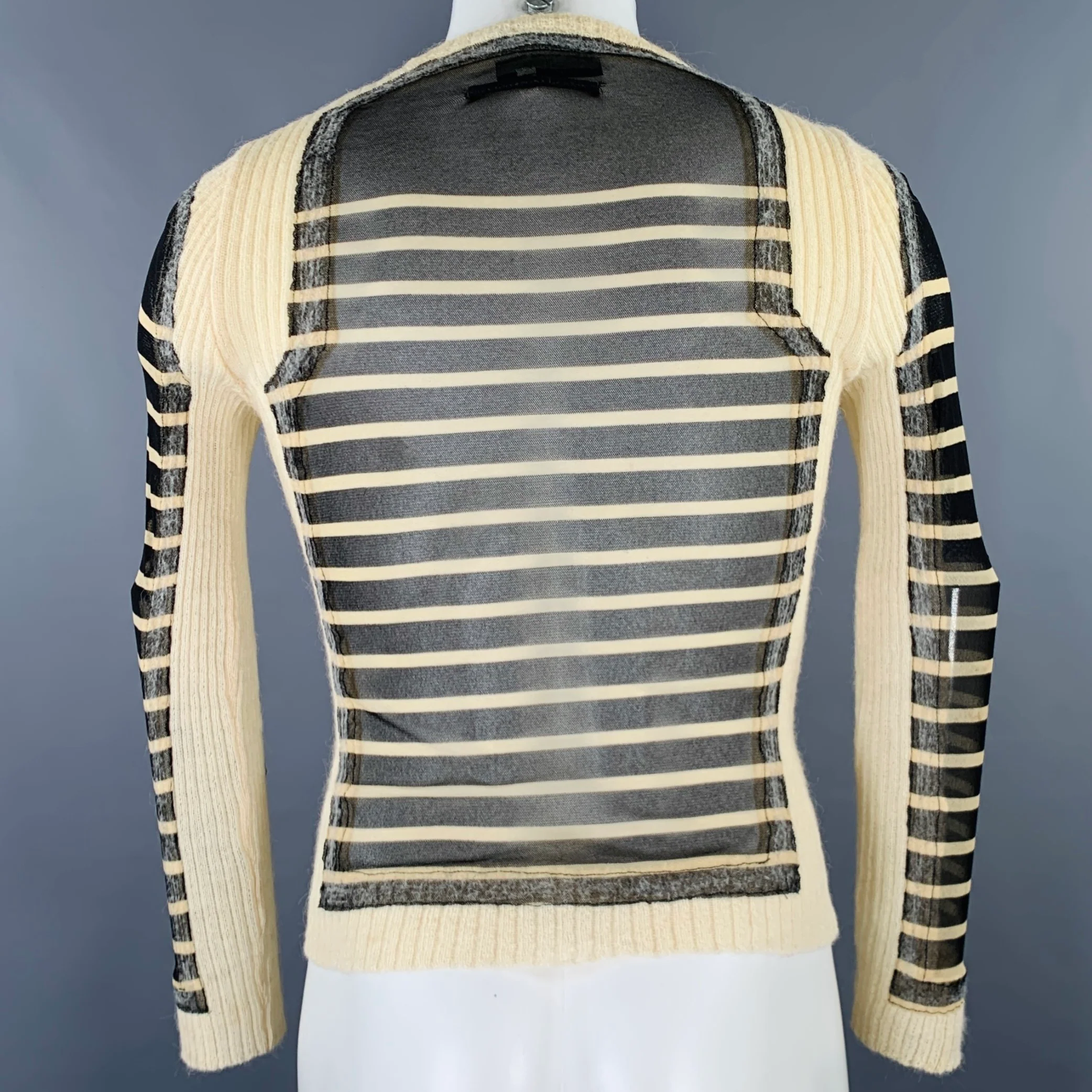 JEAN PAUL GAULTIER Size S Black Cream Stripe Polyamide Alpaca Mesh Pullover - Image 2