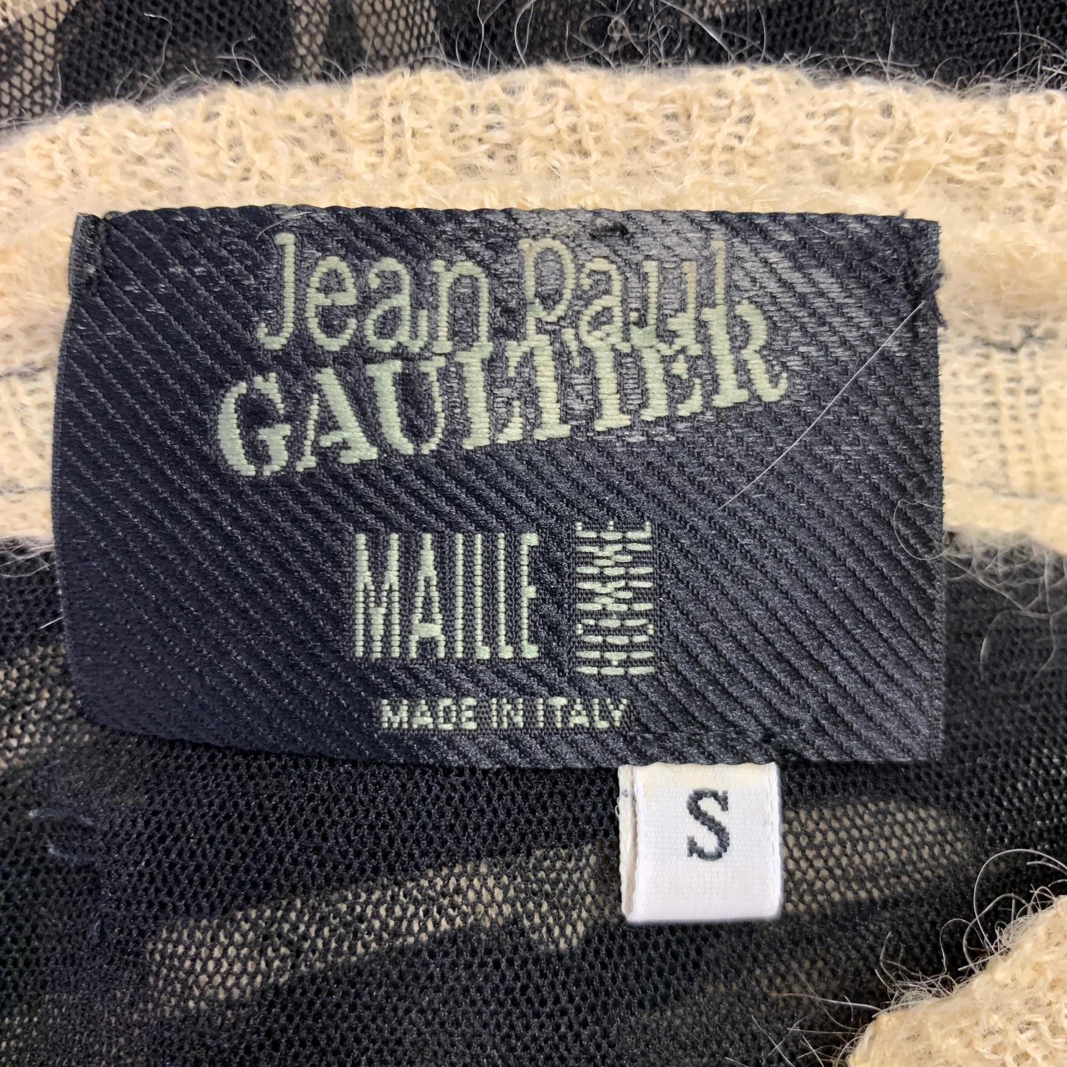 JEAN PAUL GAULTIER Size S Black Cream Stripe Polyamide Alpaca Mesh Pullover - Image 7