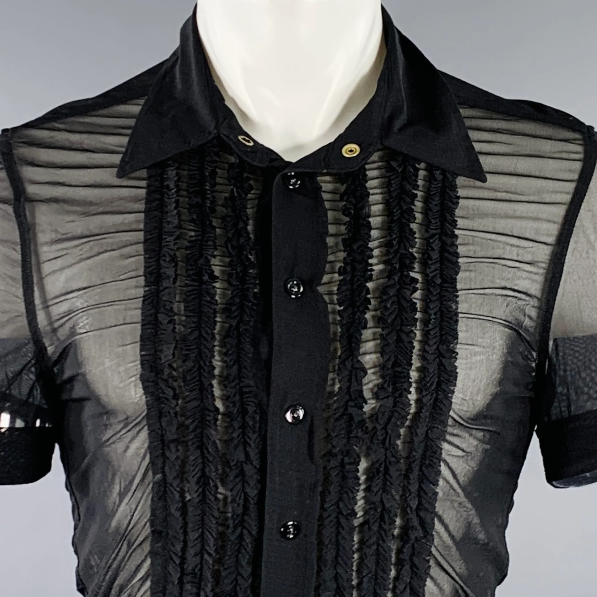 JEAN PAUL GAULTIER Size S Black Ruffled Polyamide Blend Short Sleeve Shirt - Image 2