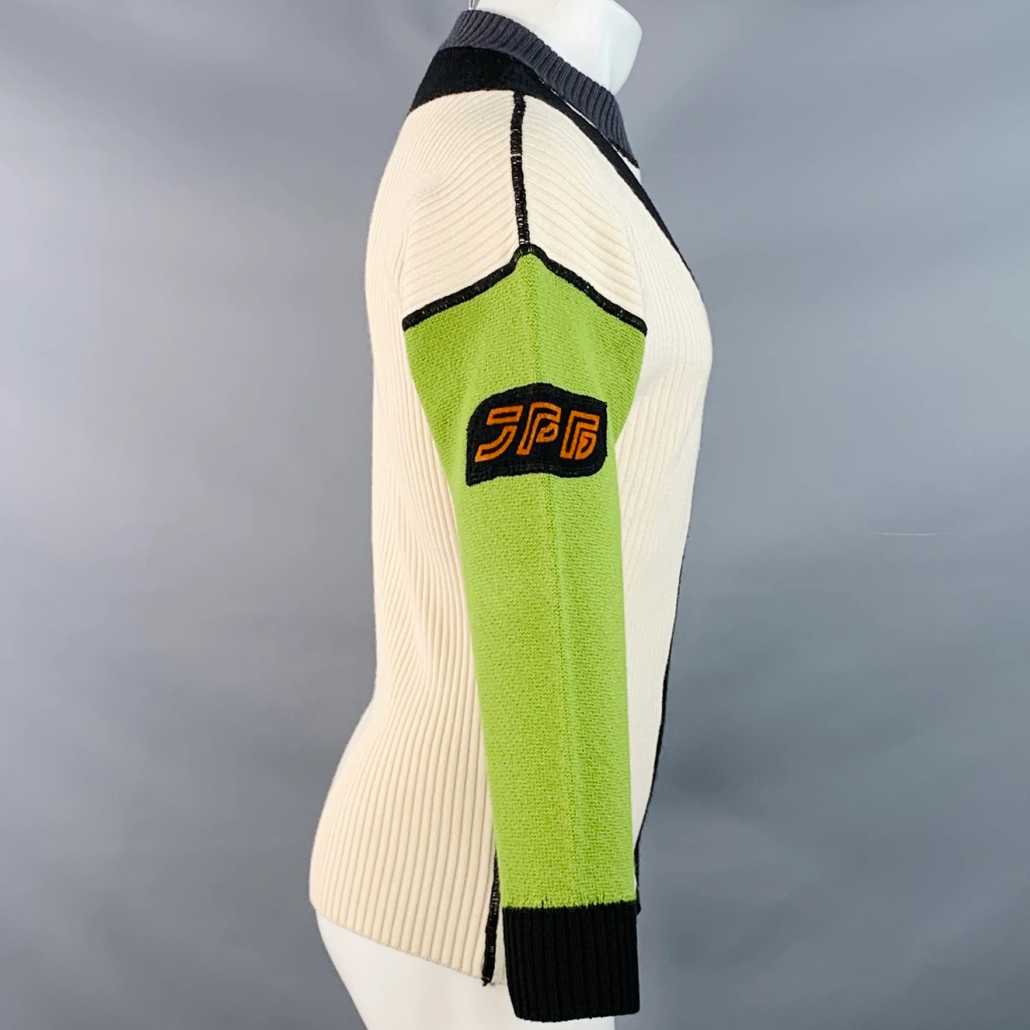 JEAN PAUL GAULTIER Size S Cream Green Wool Blend Knit Color Block Athletic Sweater - Image 3