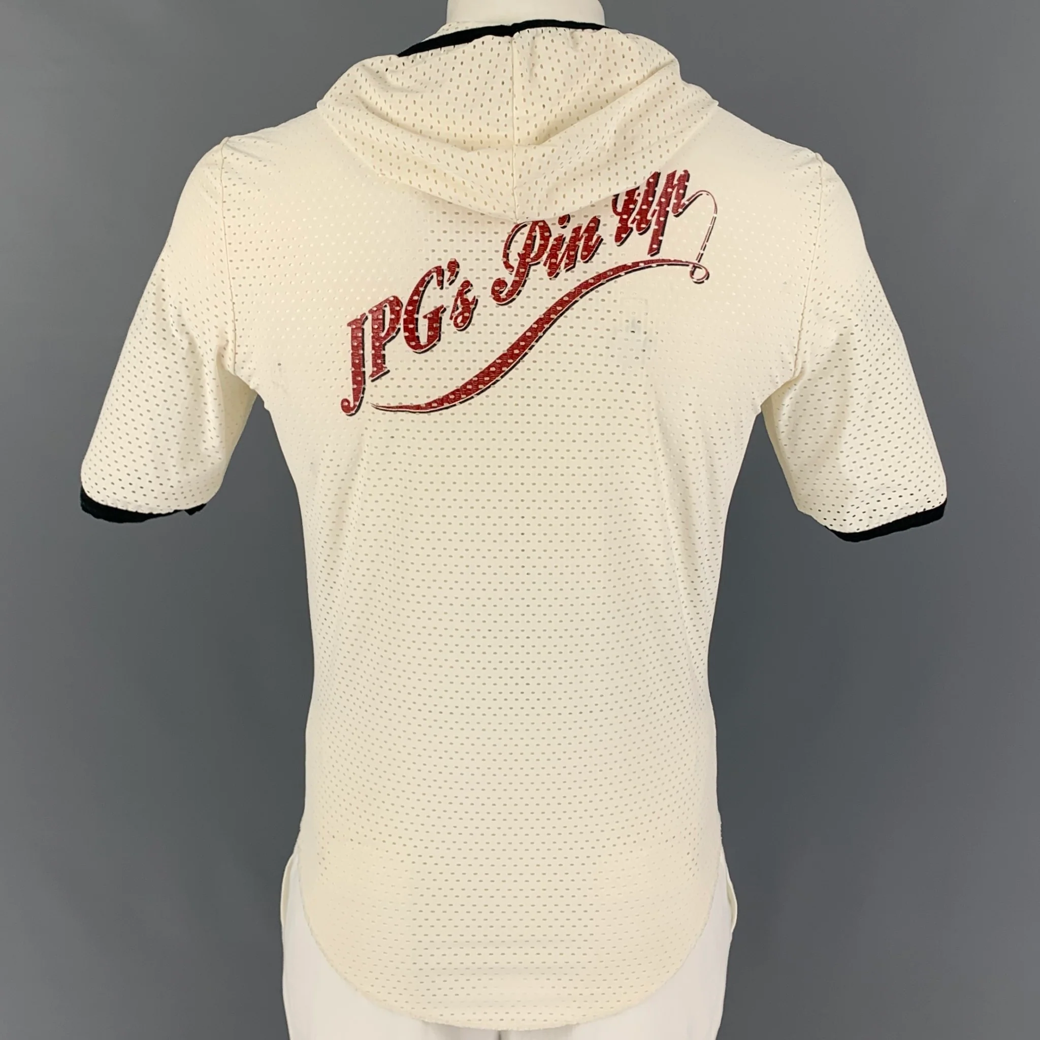 JEAN PAUL GAULTIER Size XL Cream Black Perforated Hooded Pullover - Image 3