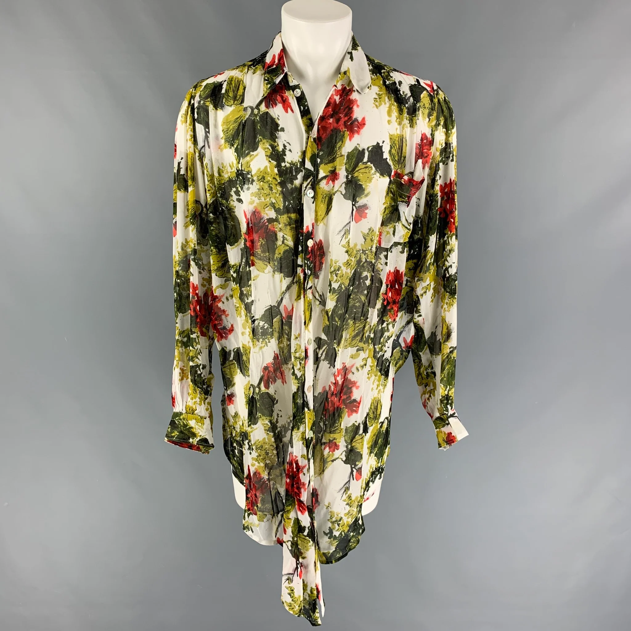 JEAN PAUL GAULTIER Size XL Green Multi-Color Abstract Floral Long Sleeve Shirt