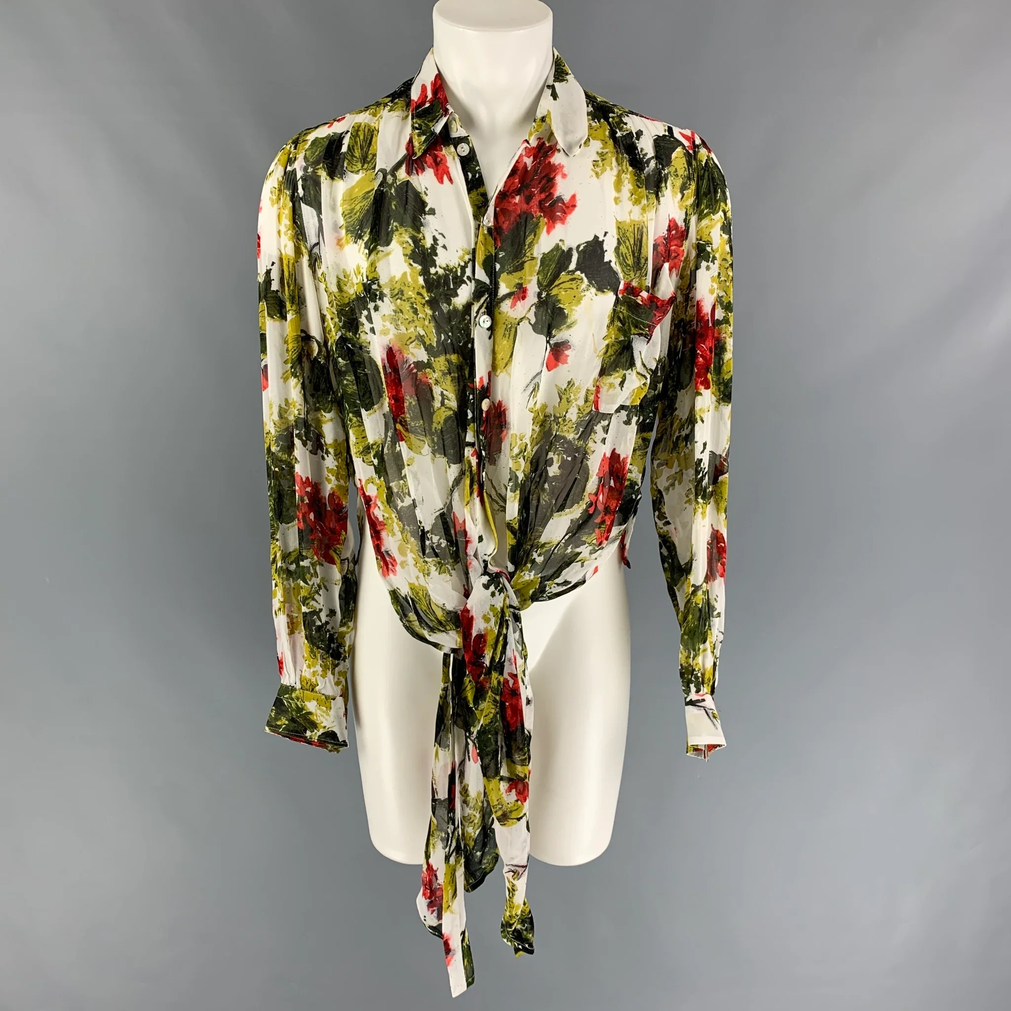 JEAN PAUL GAULTIER Size XL Green Multi-Color Abstract Floral Long Sleeve Shirt - Image 4
