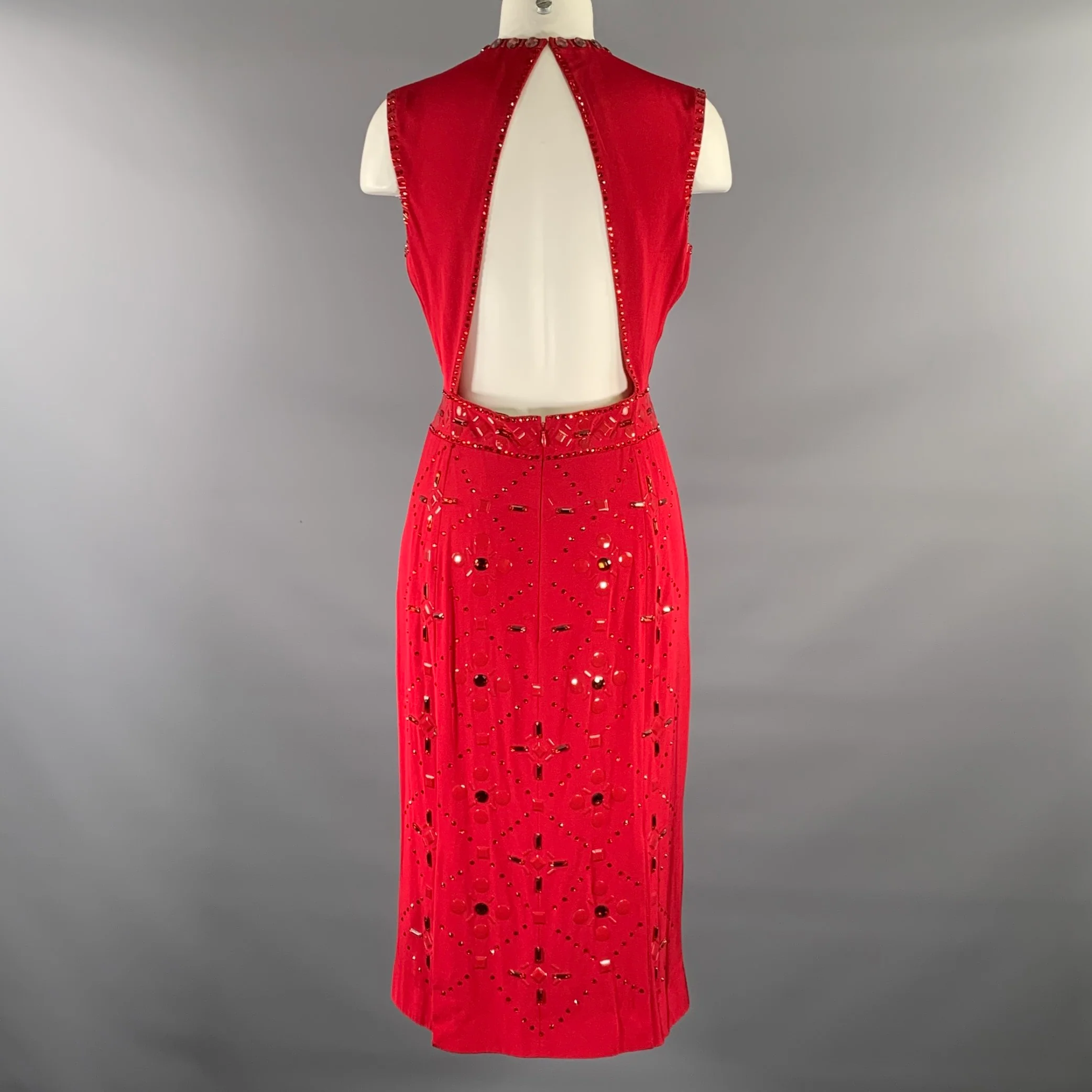 JENNY PACKHAM Red Silk Rhinestones Sheath Knee-Length Dress - Image 3
