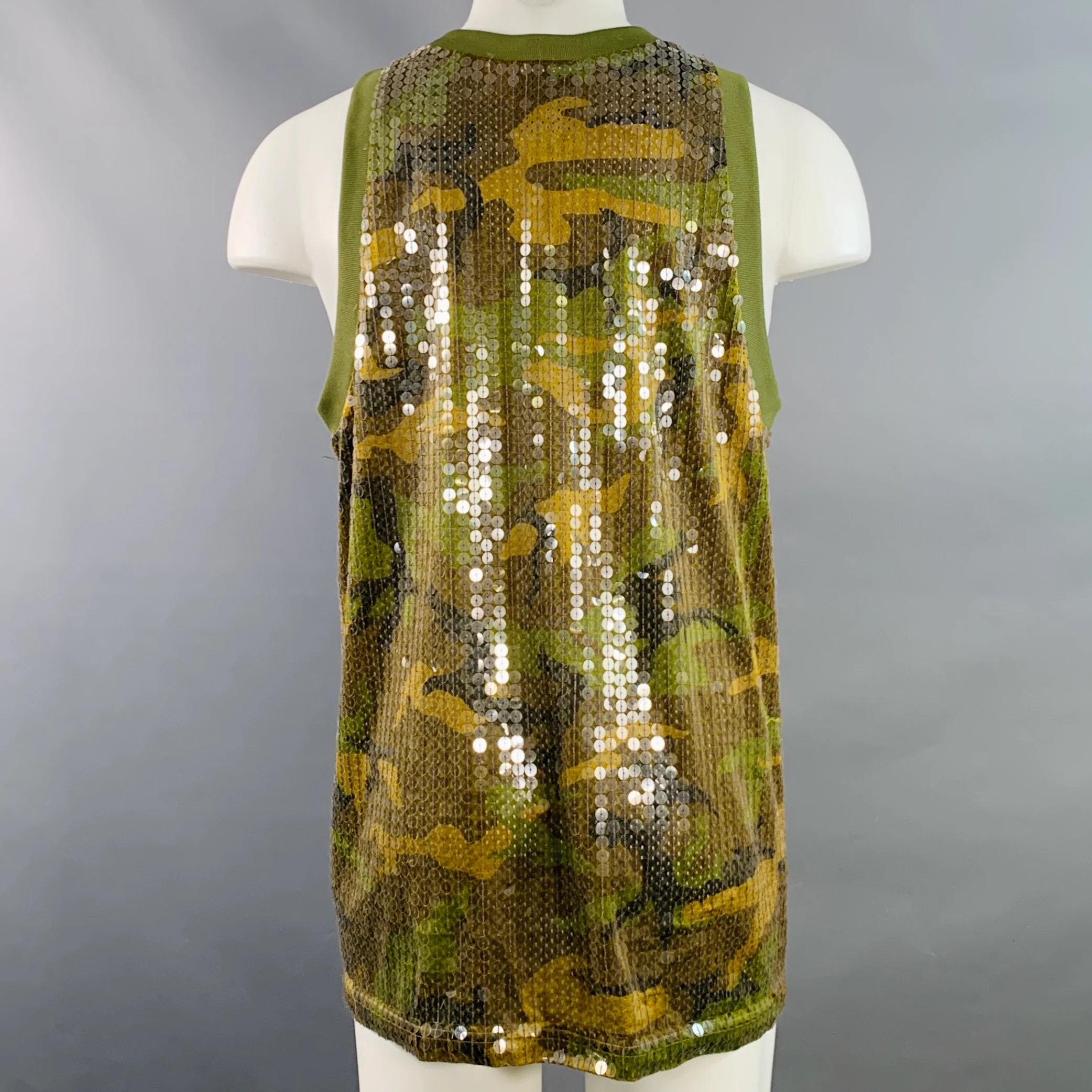 JEREMY SCOTT Size M Olive Brown Camouflage Polyester Sequined Jersey Tank Top - Image 3