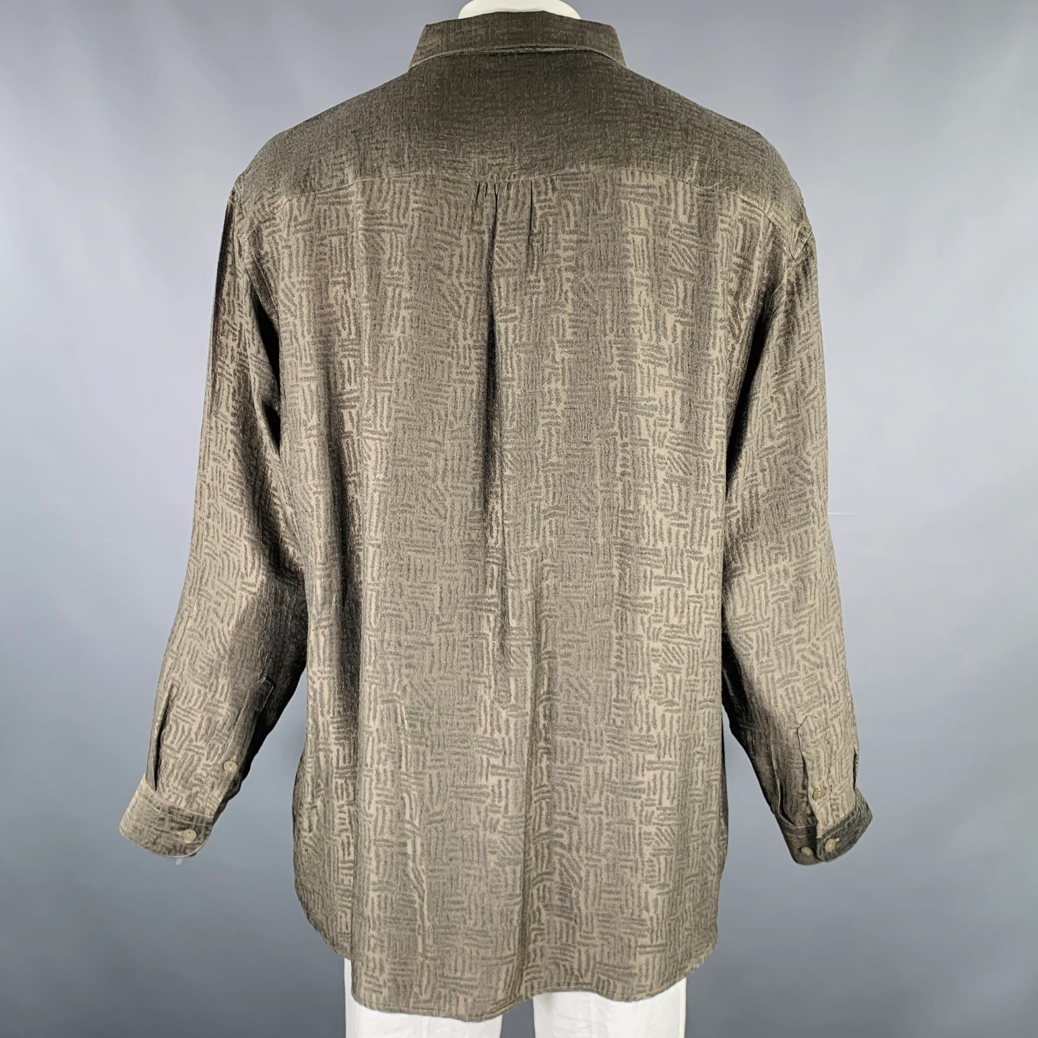 JHANE BARNES Size XL Green Olive Marbled Cupro One Pocket Long Sleeve Shirt - Image 4