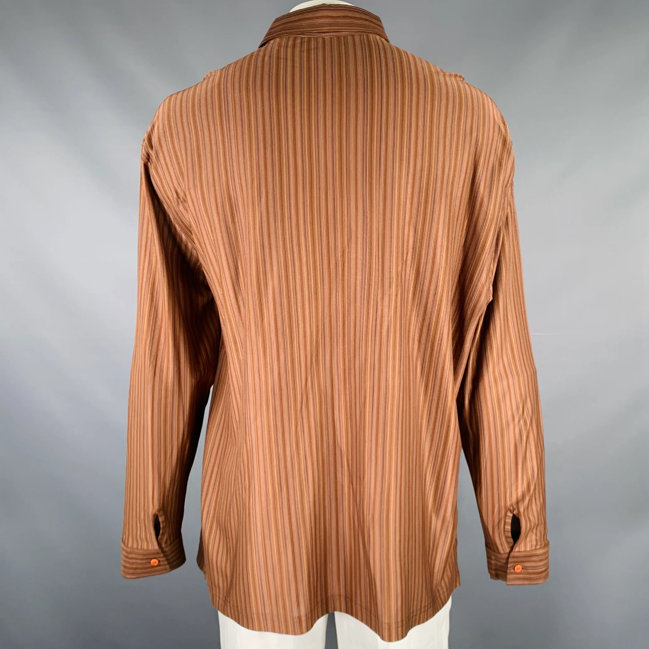 JHANE BARNES Size XXL Brown Rust Stripe Silk Long Sleeve Shirt - Image 4