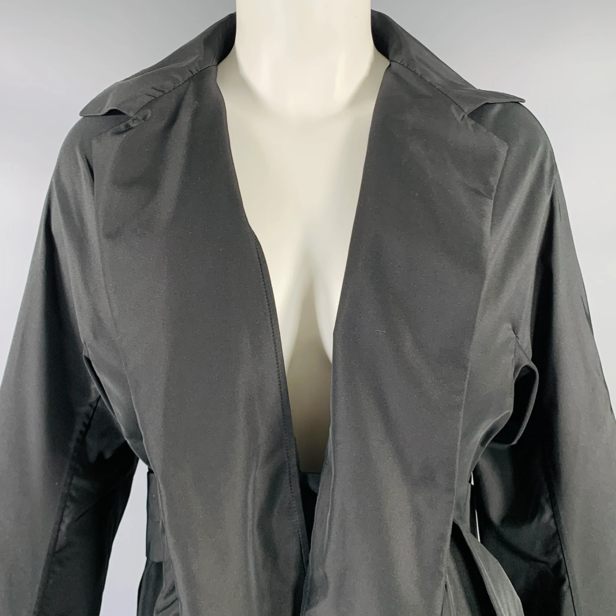 JIL SANDER Size 4 Black Polyester Silk Open Front Coat - Image 2
