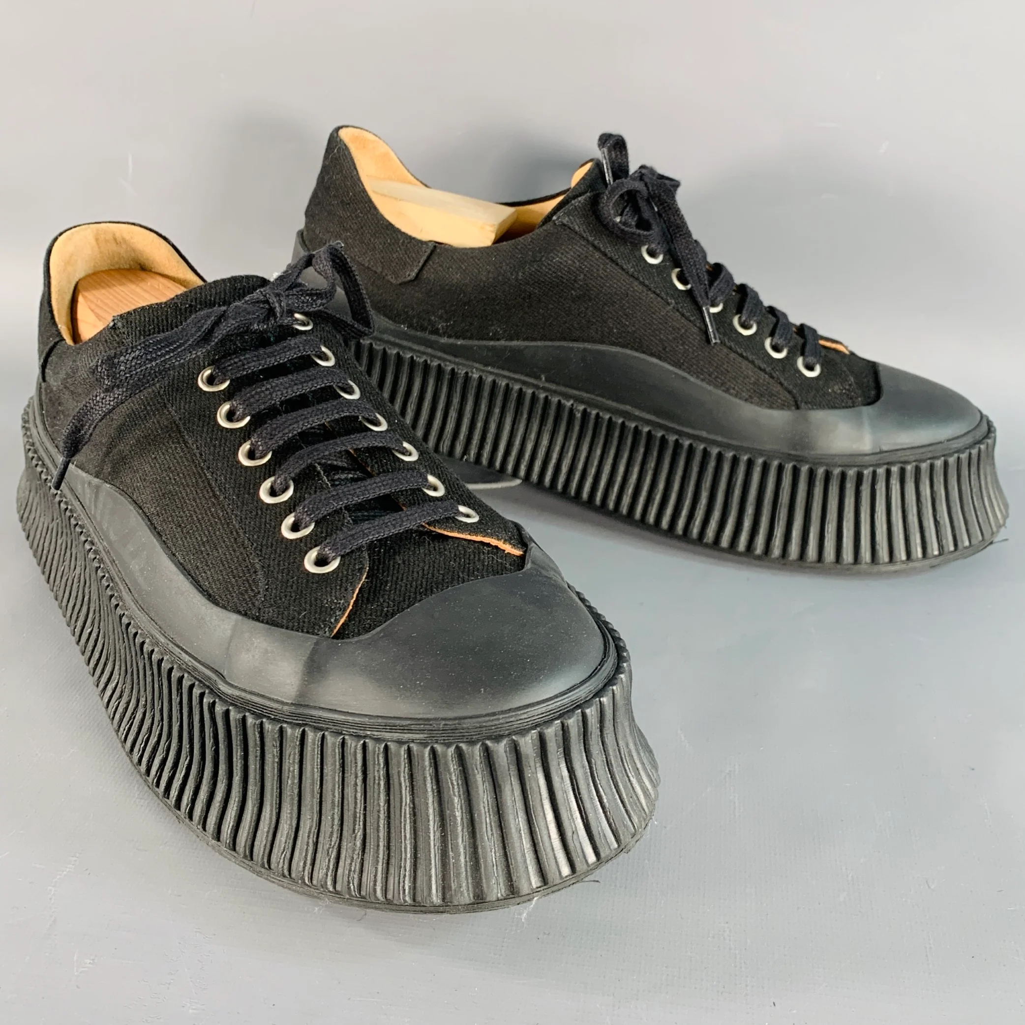JIL SANDER Size 9 Black Canvas Twill Chunky Crepe Sole Sneakers
