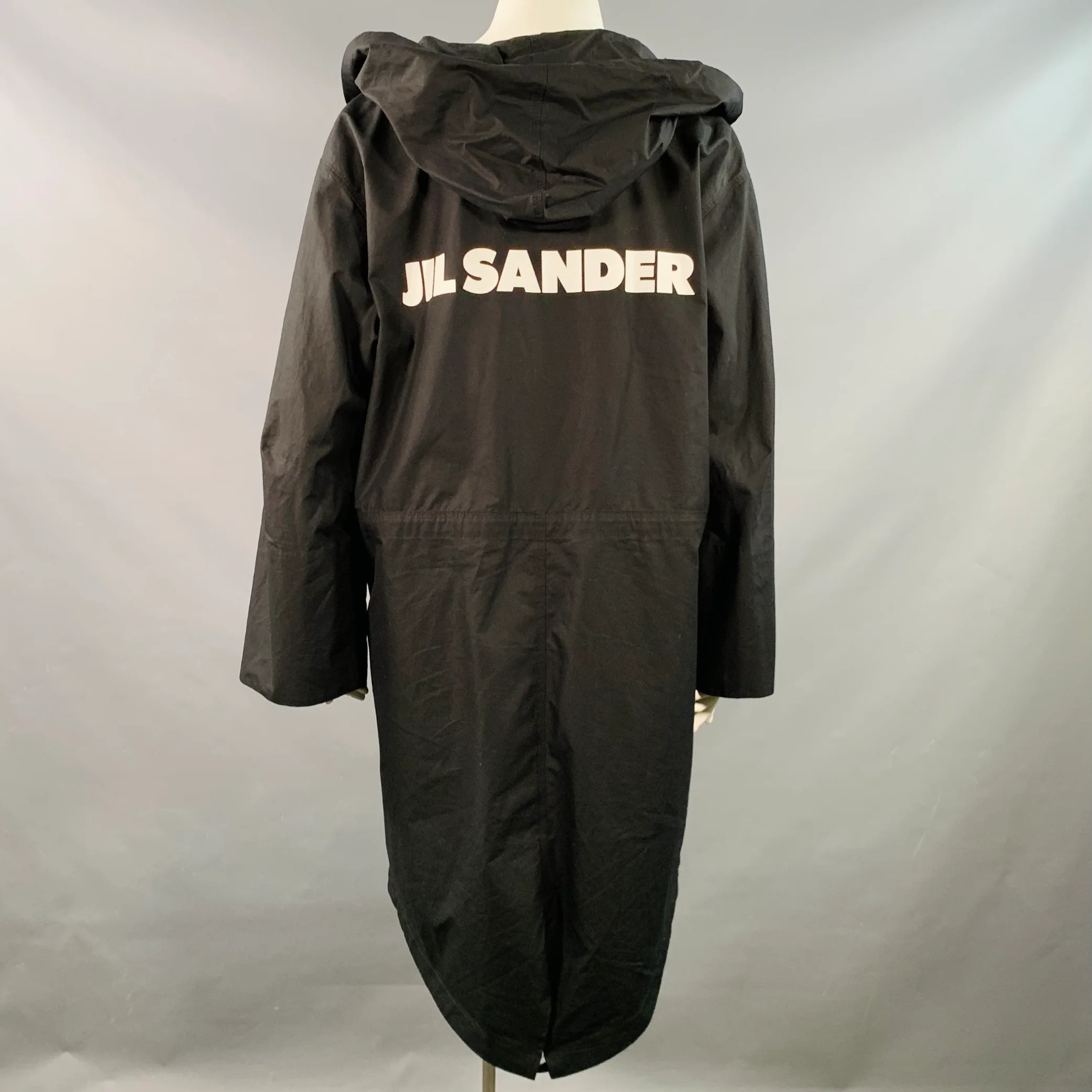 JIL SANDER Size L Black White Cotton Logo Hooded Coat - Image 3