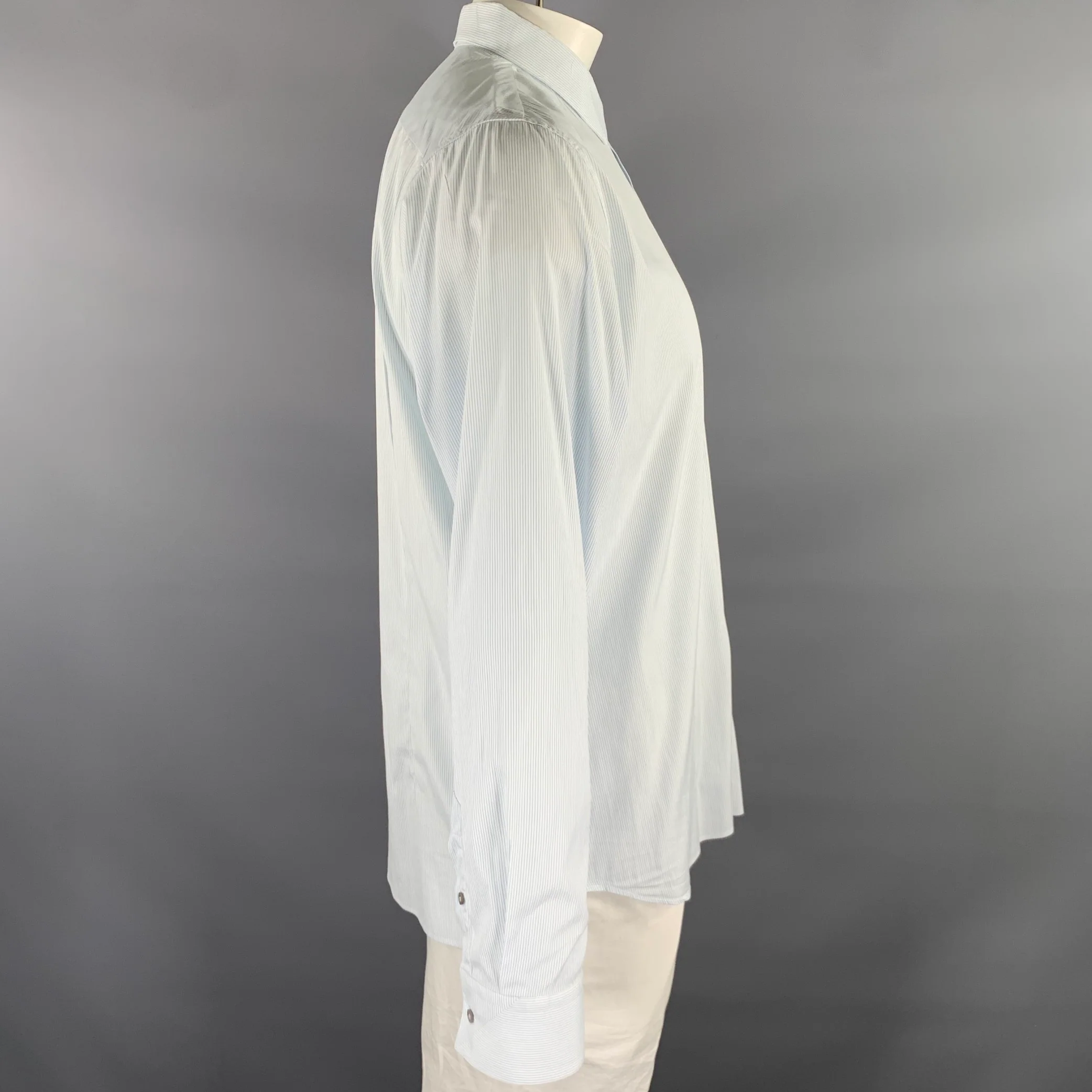 JIL SANDER Size L Blue White Pinstripe Cotton Blend Long Sleeve Shirt - Image 3