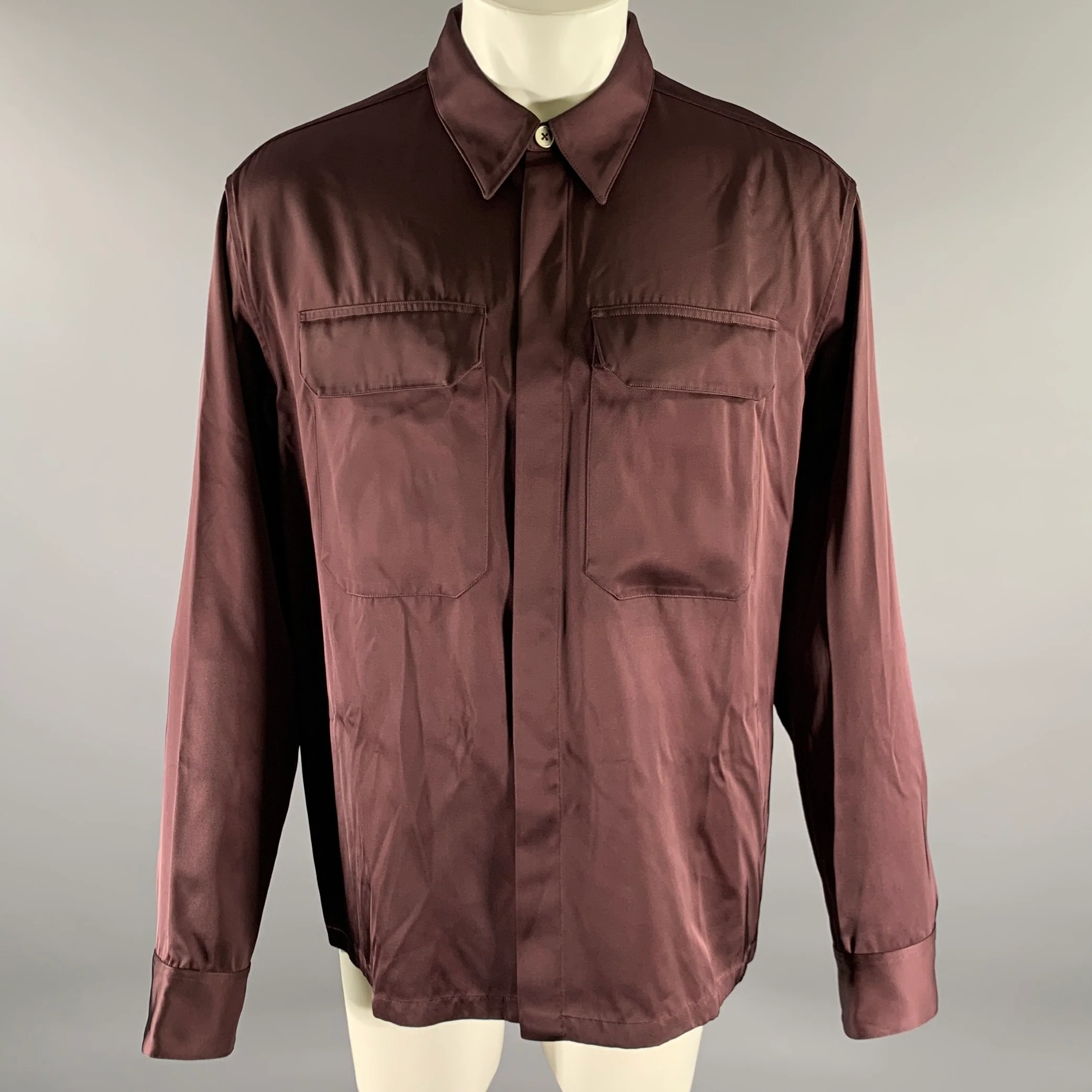JIL SANDER Size M Plum Viscose Silk Hidden Placket Long Sleeve Shirt