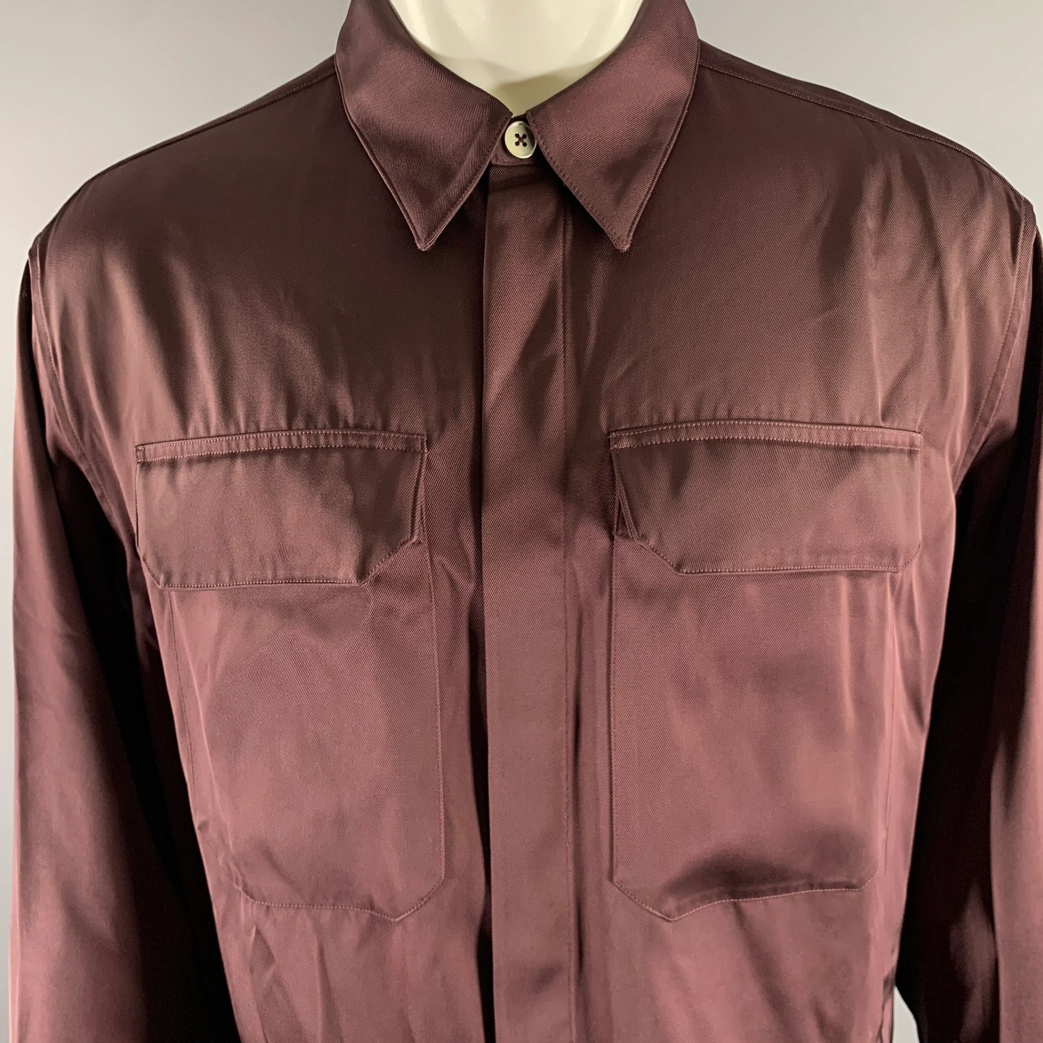 JIL SANDER Size M Plum Viscose Silk Hidden Placket Long Sleeve Shirt - Image 2