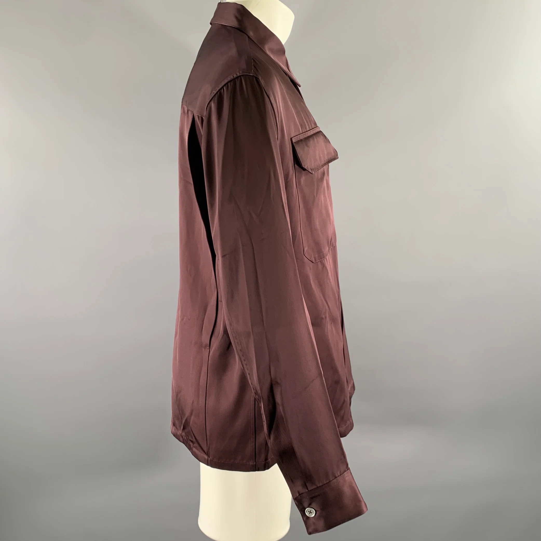 JIL SANDER Size M Plum Viscose Silk Hidden Placket Long Sleeve Shirt - Image 3