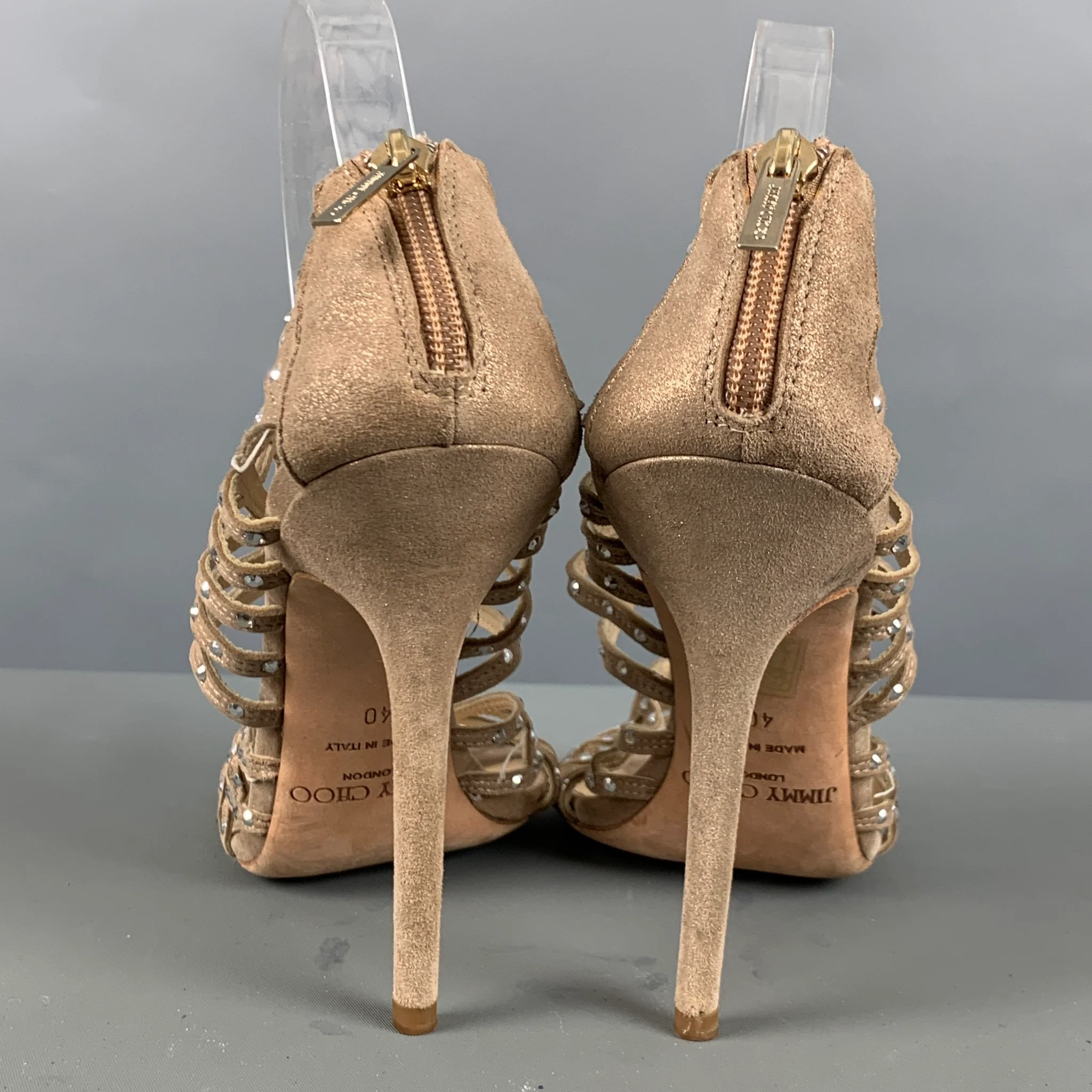 JIMMY CHOO Size 10 Beige Gold Suede Rhinestones Ankle Sandals - Image 3