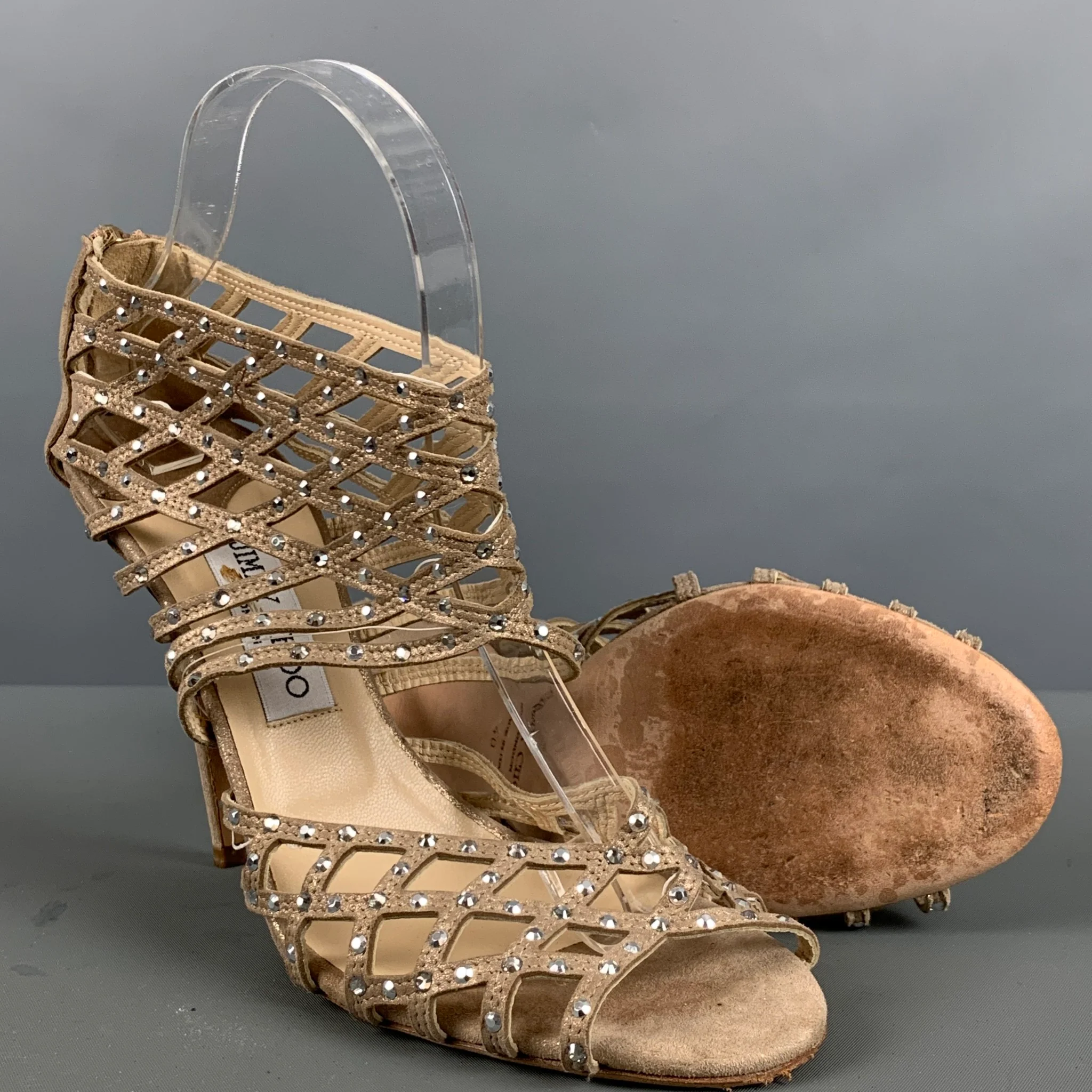 JIMMY CHOO Size 10 Beige Gold Suede Rhinestones Ankle Sandals - Image 6