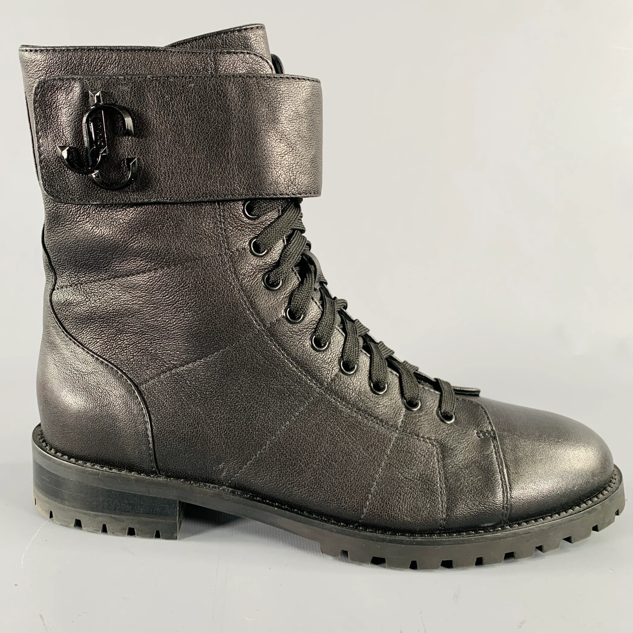 JIMMY CHOO Size 10 Black Leather Zip Lace-Up Boots - Image 2