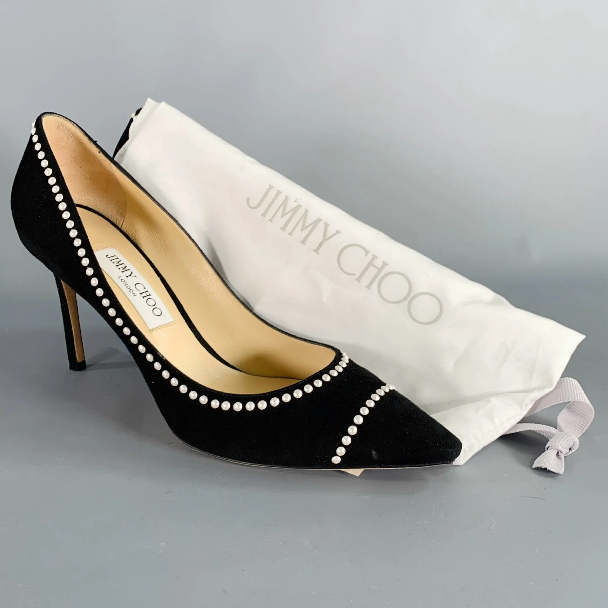 JIMMY CHOO Size 11 Black Cream Suede Faux Pearl Studded Heels Pumps - Image 9