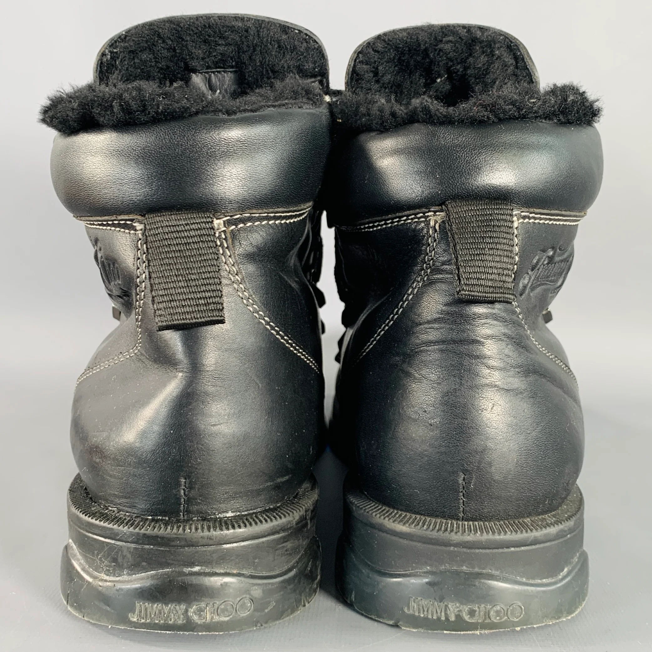 JIMMY CHOO Size 13 Black Leather Shearling Lace-Up Hiking Boots - Image 4