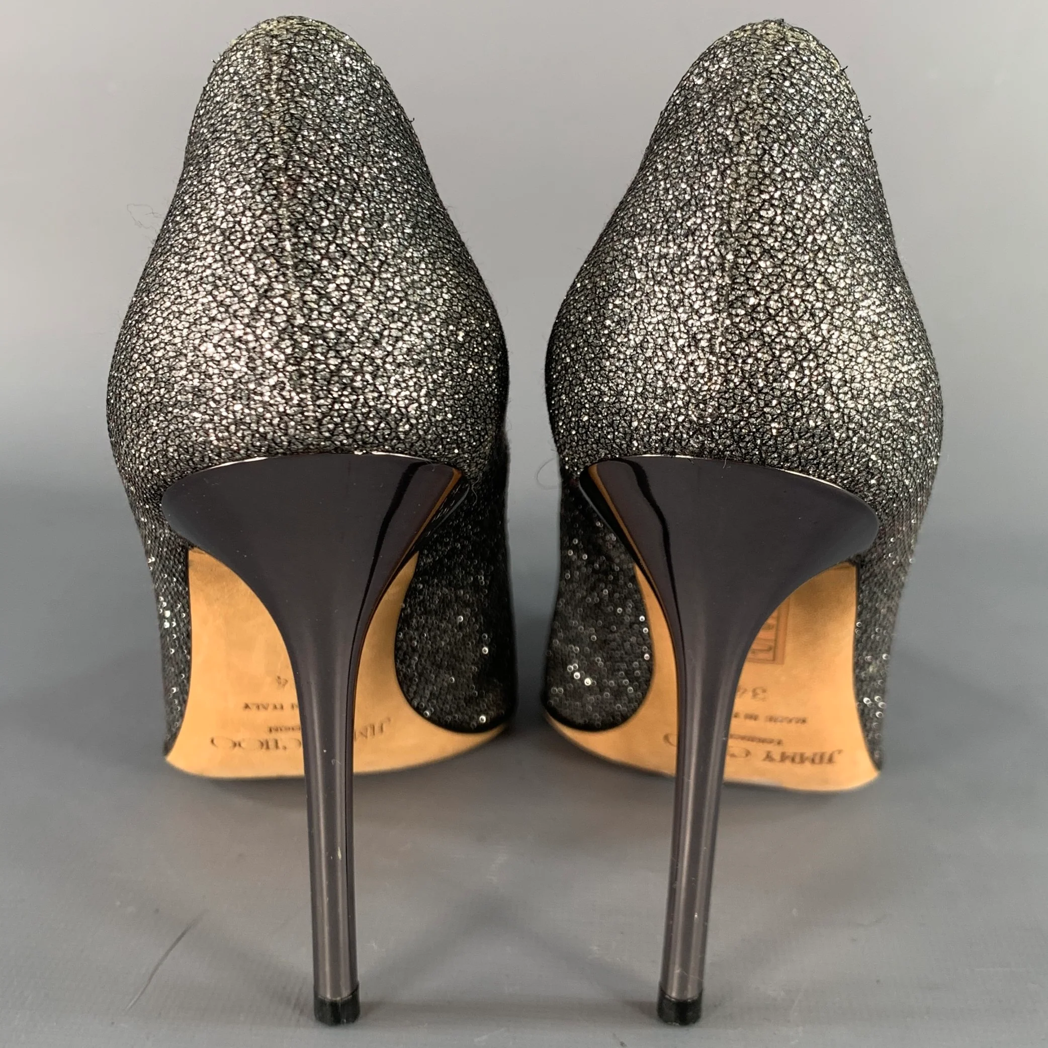 JIMMY CHOO Size 4 Silver Glitter Pointed Toe Stiletto Pumps - Image 3