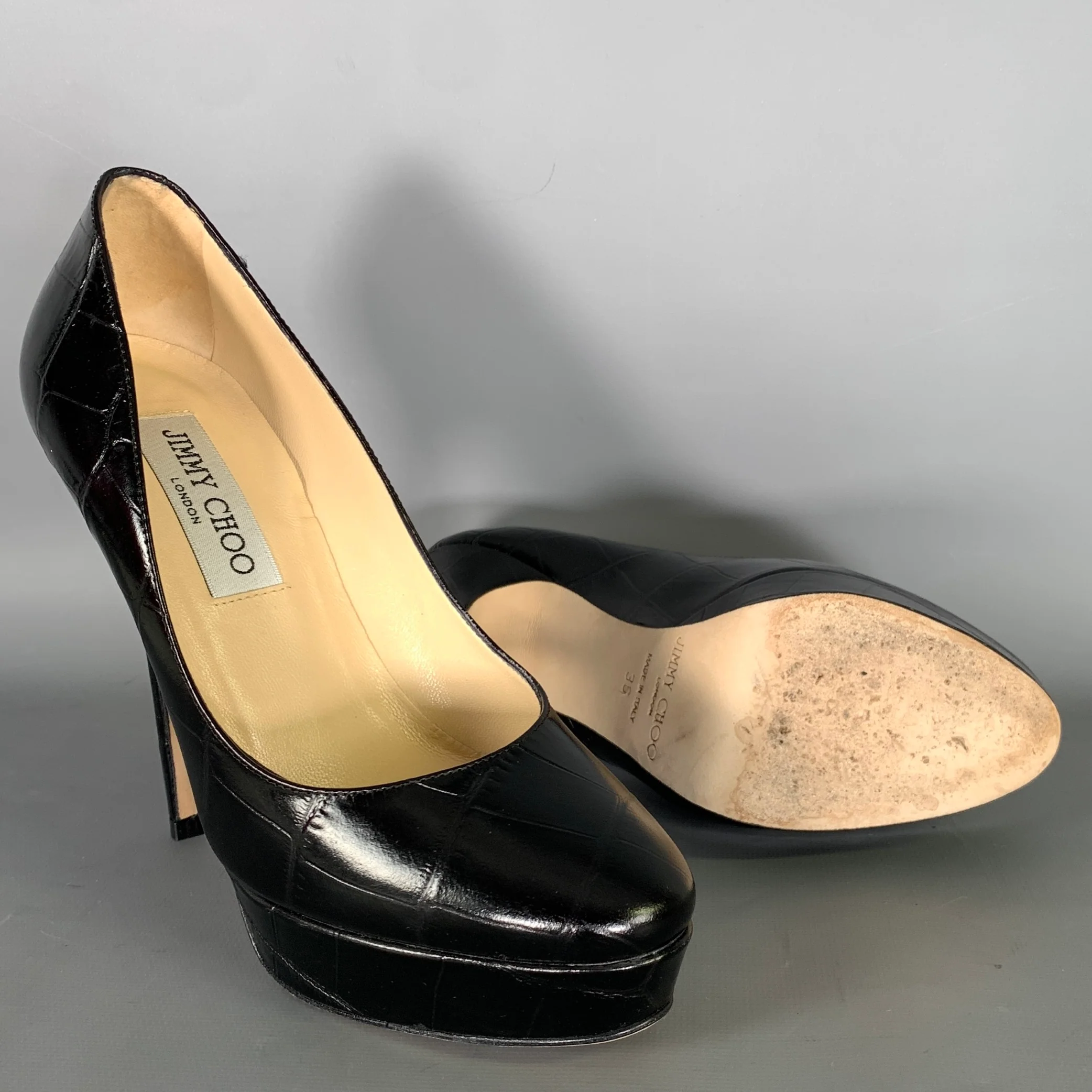 JIMMY CHOO Size 6 Black Leather Croc Embossed Stiletto Pumps - Image 5