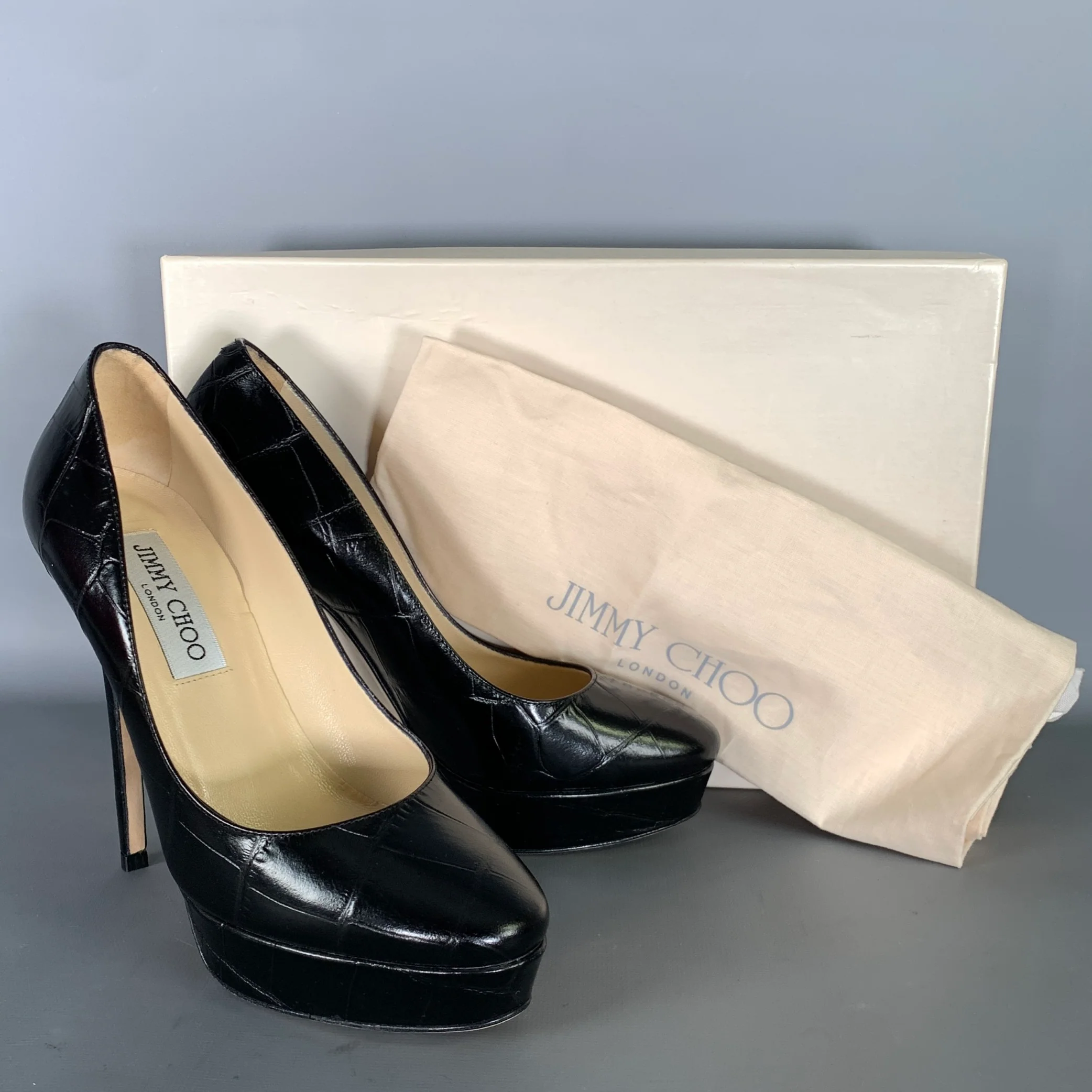 JIMMY CHOO Size 6 Black Leather Croc Embossed Stiletto Pumps - Image 9