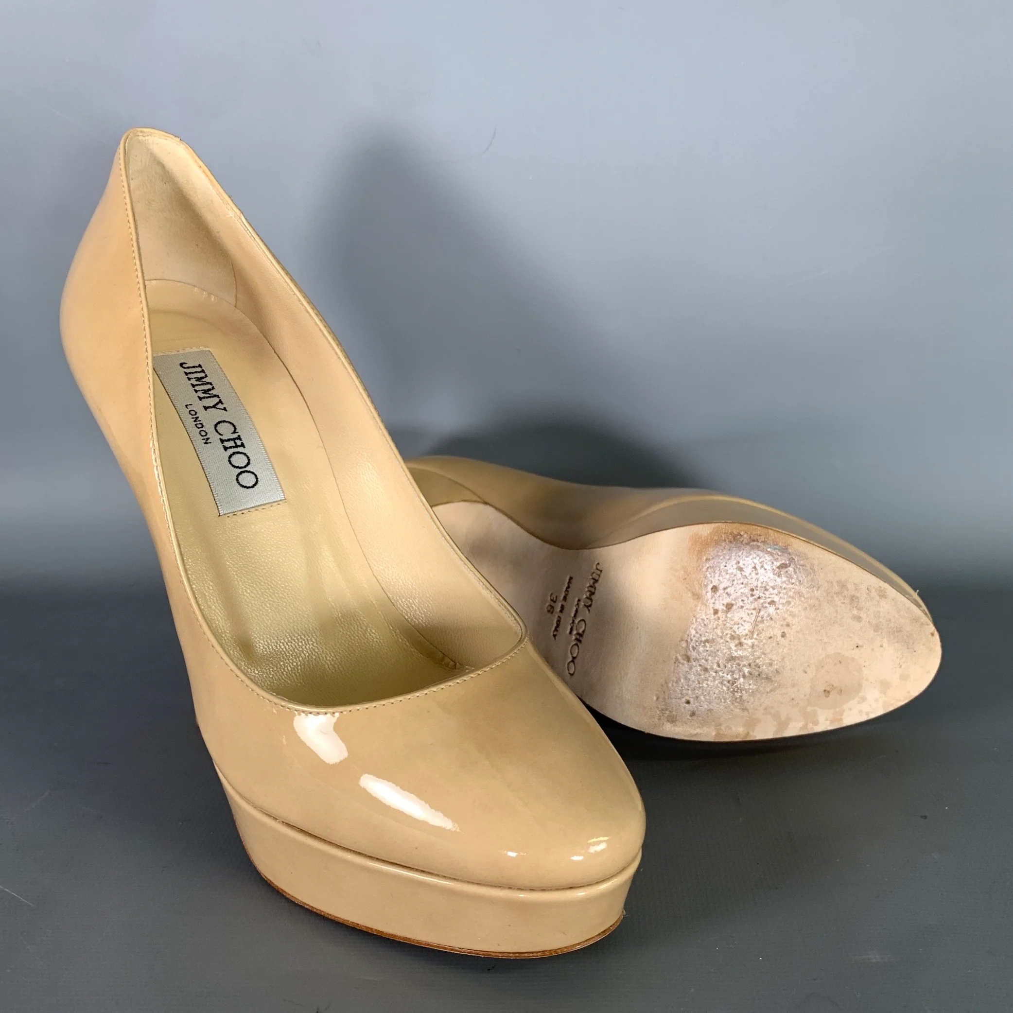JIMMY CHOO Size 6 Tan Nude Patent Leather Stiletto Pumps - Image 5
