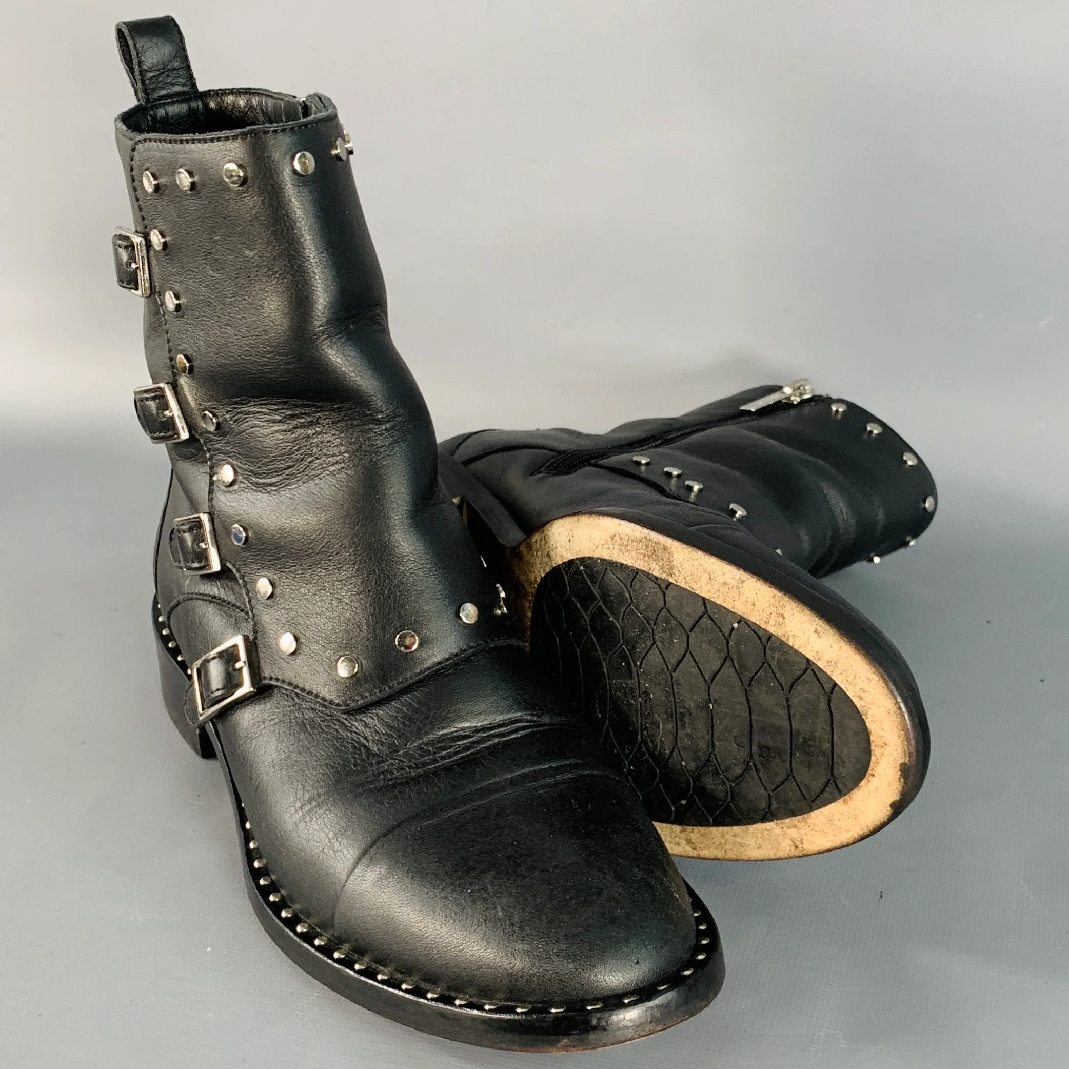 JIMMY CHOO Size 7.5 Black Leather Studded Belted Side Zipper Ankle Boots - Image 5