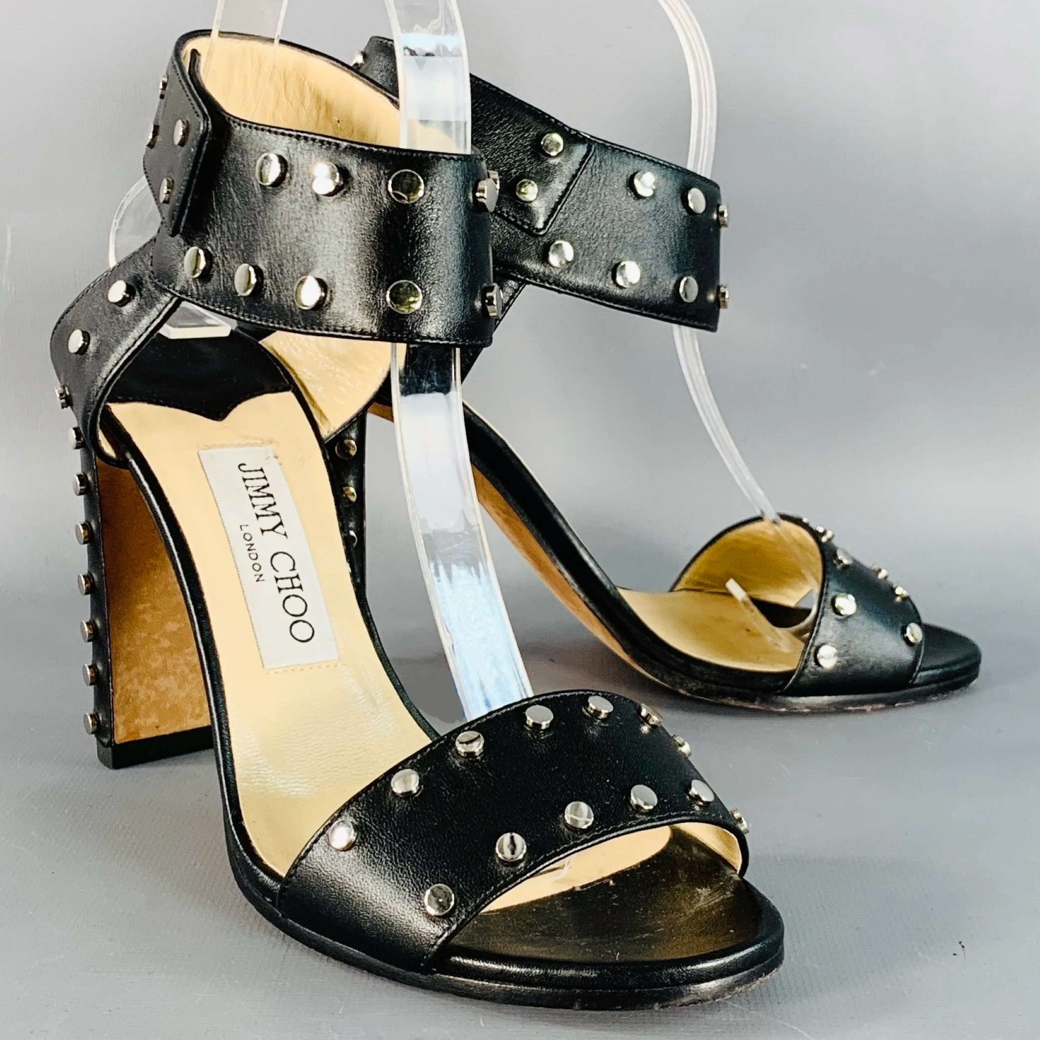 JIMMY CHOO Size 7 Black Leather Studded Snaps Sandals