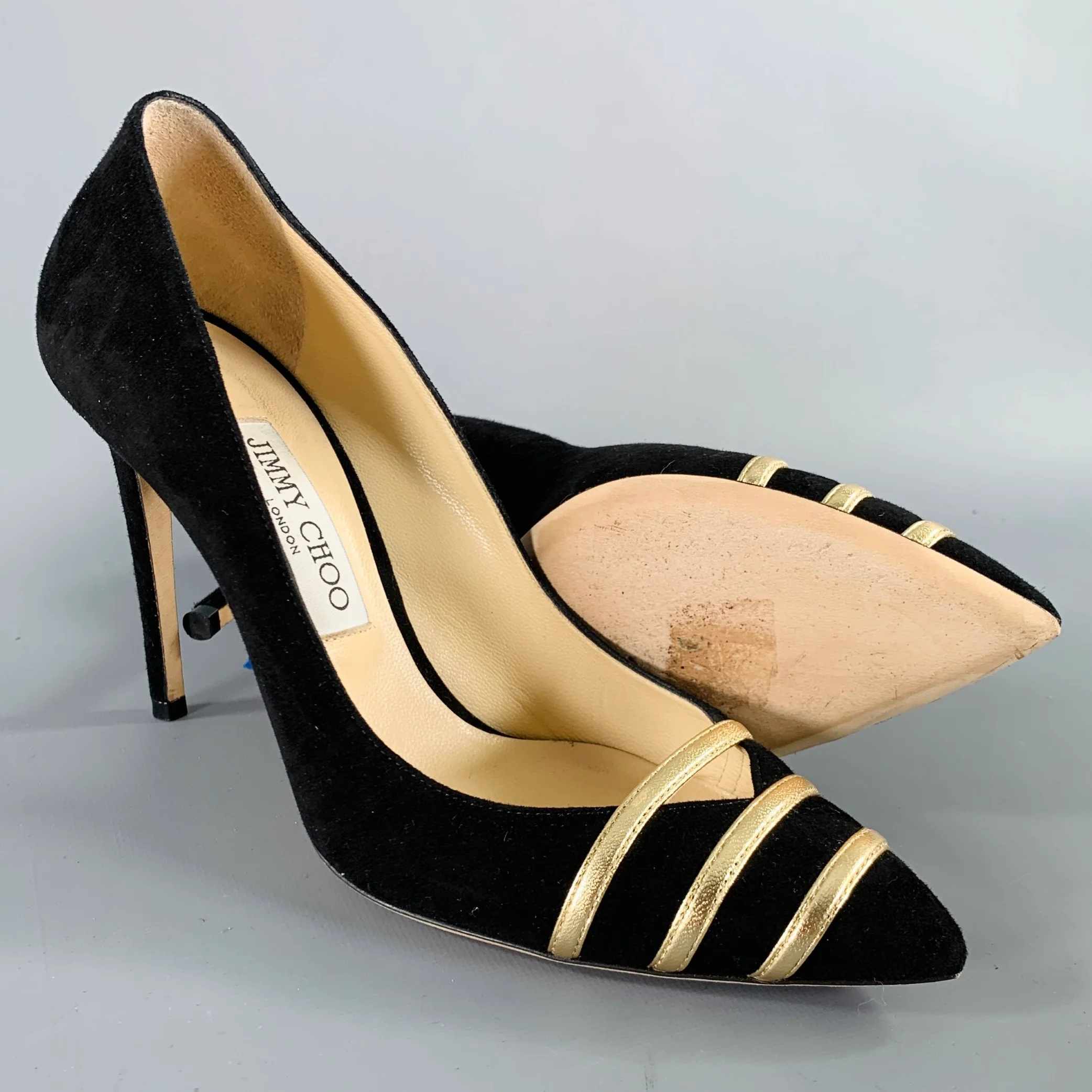 JIMMY CHOO Size 8.5 -Bethan 100- Black Gold Suede Stripe Pumps - Image 5