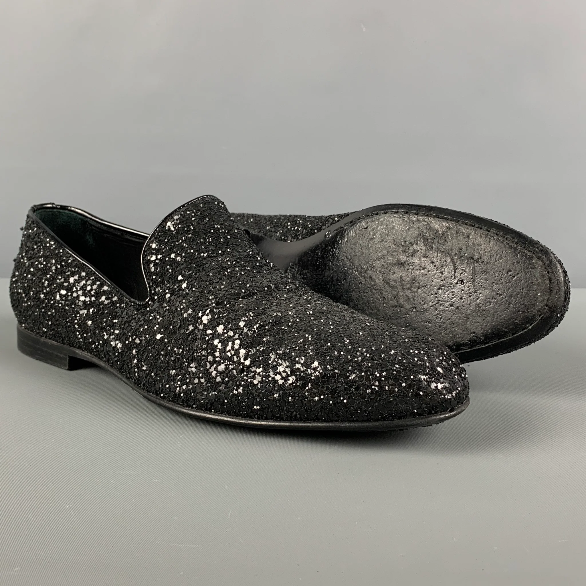JIMMY CHOO Size 8 Black Glitter Leather Slip On Loafers - Image 3