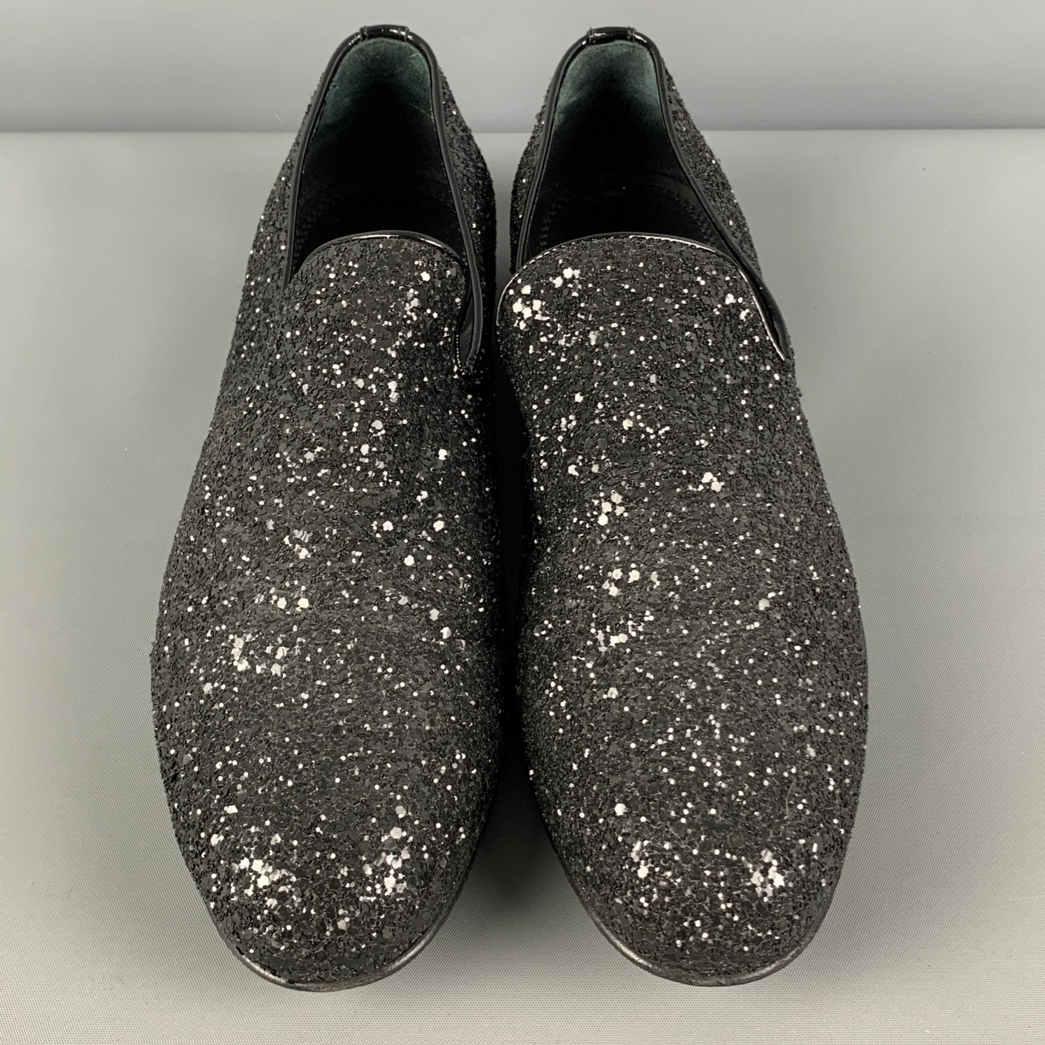 JIMMY CHOO Size 8 Black Glitter Leather Slip On Loafers - Image 4