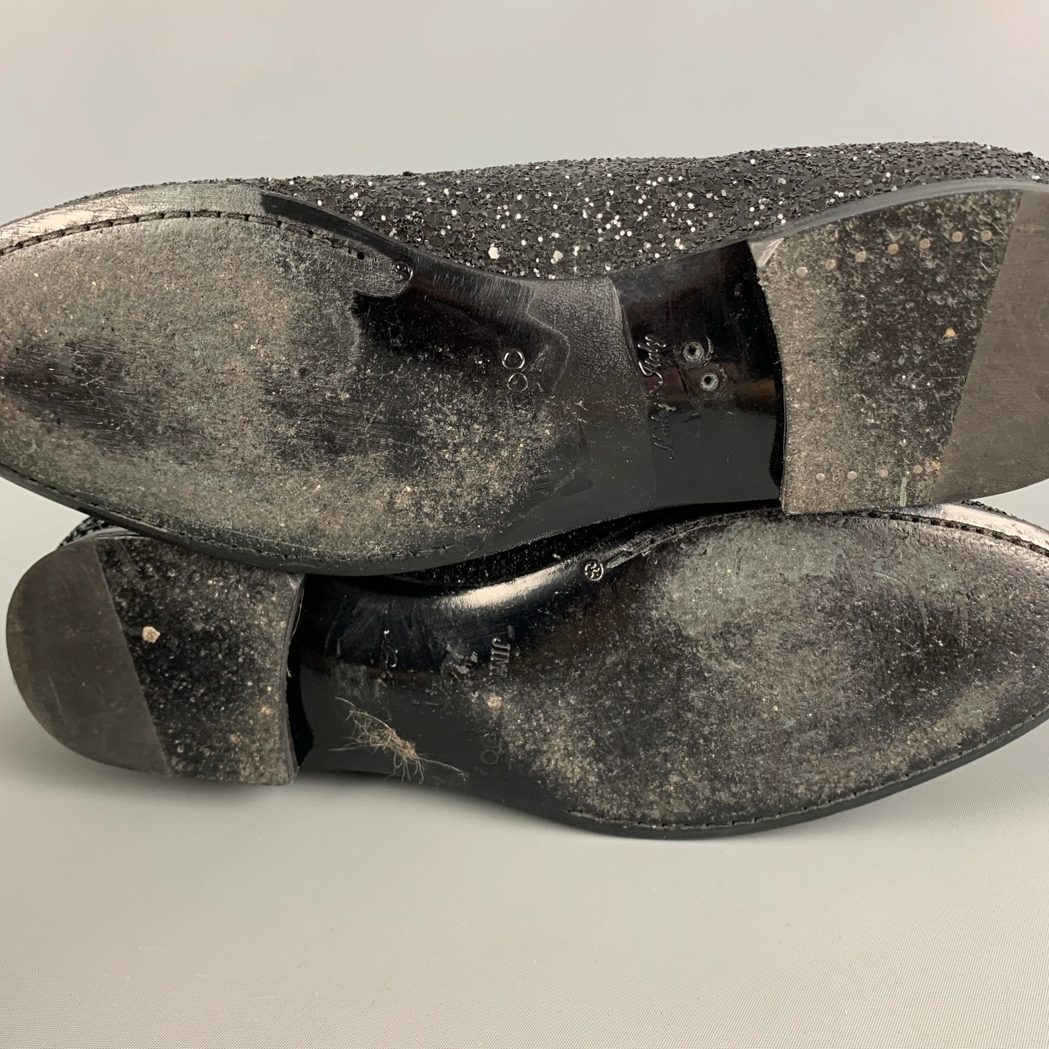 JIMMY CHOO Size 8 Black Glitter Leather Slip On Loafers - Image 7