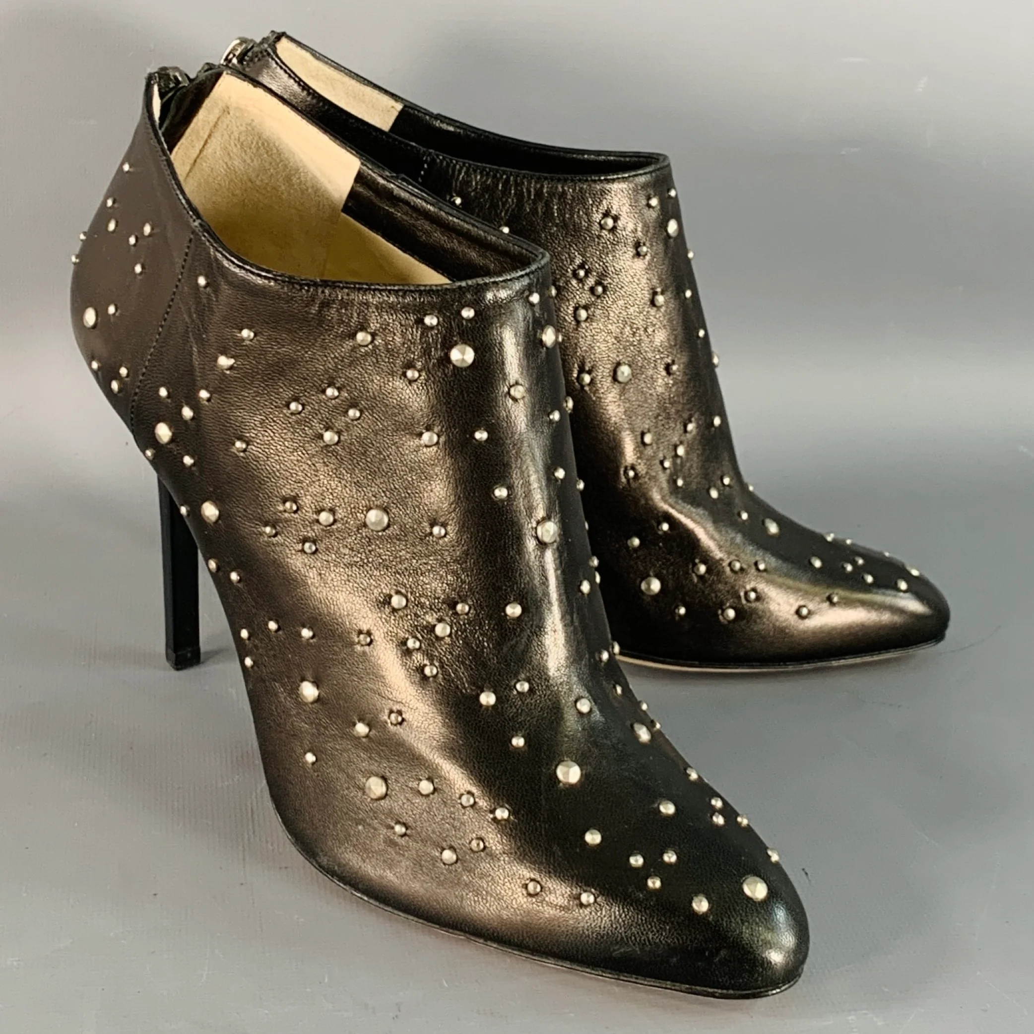 JIMMY CHOO Size 9.5 Black Studded Leather Back Zipper Stiletto Boots