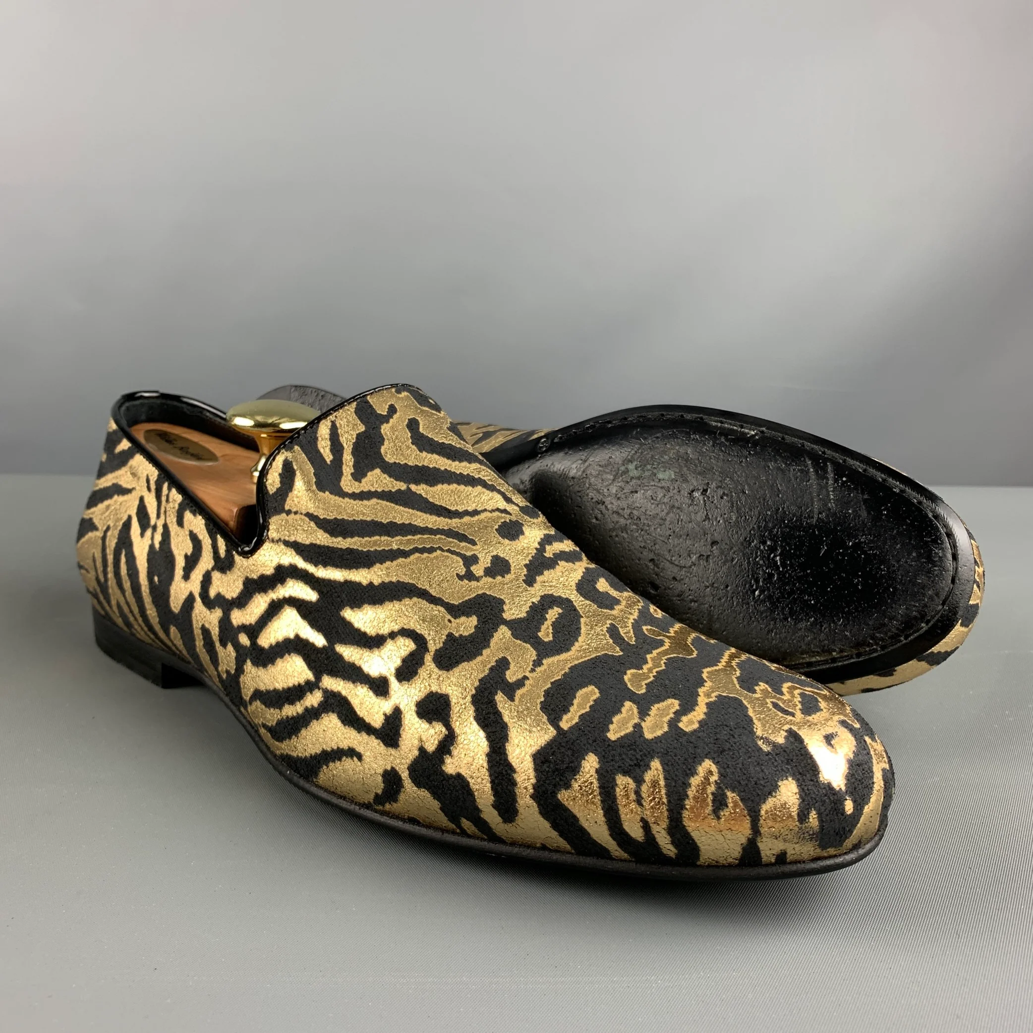 JIMMY CHOO Size 9 Black Gold Animal Print Jacquard Slip On Loafers - Image 5