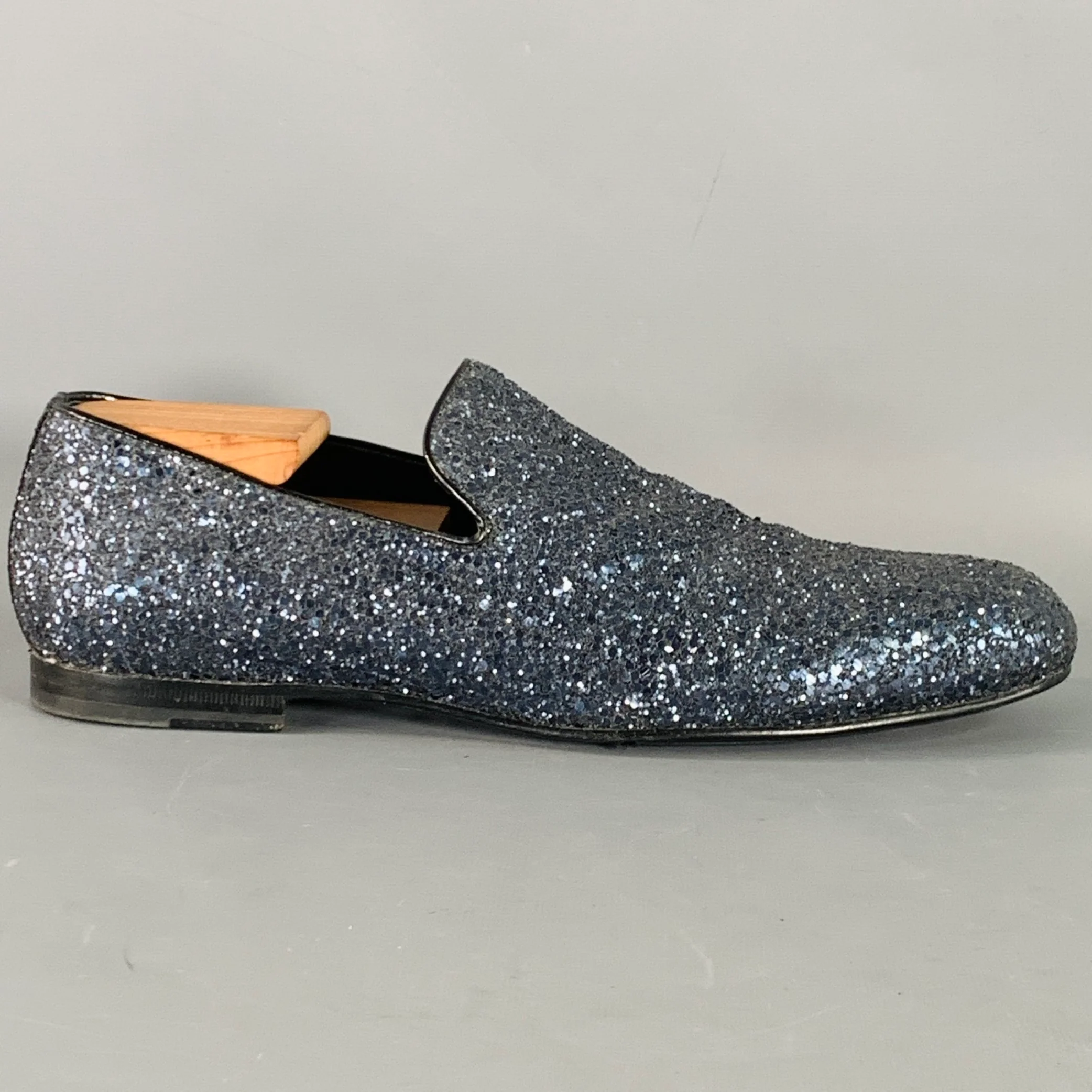 JIMMY CHOO Size 9 Thame Grey Black Glitter Leather Slip On Loafers - Image 2